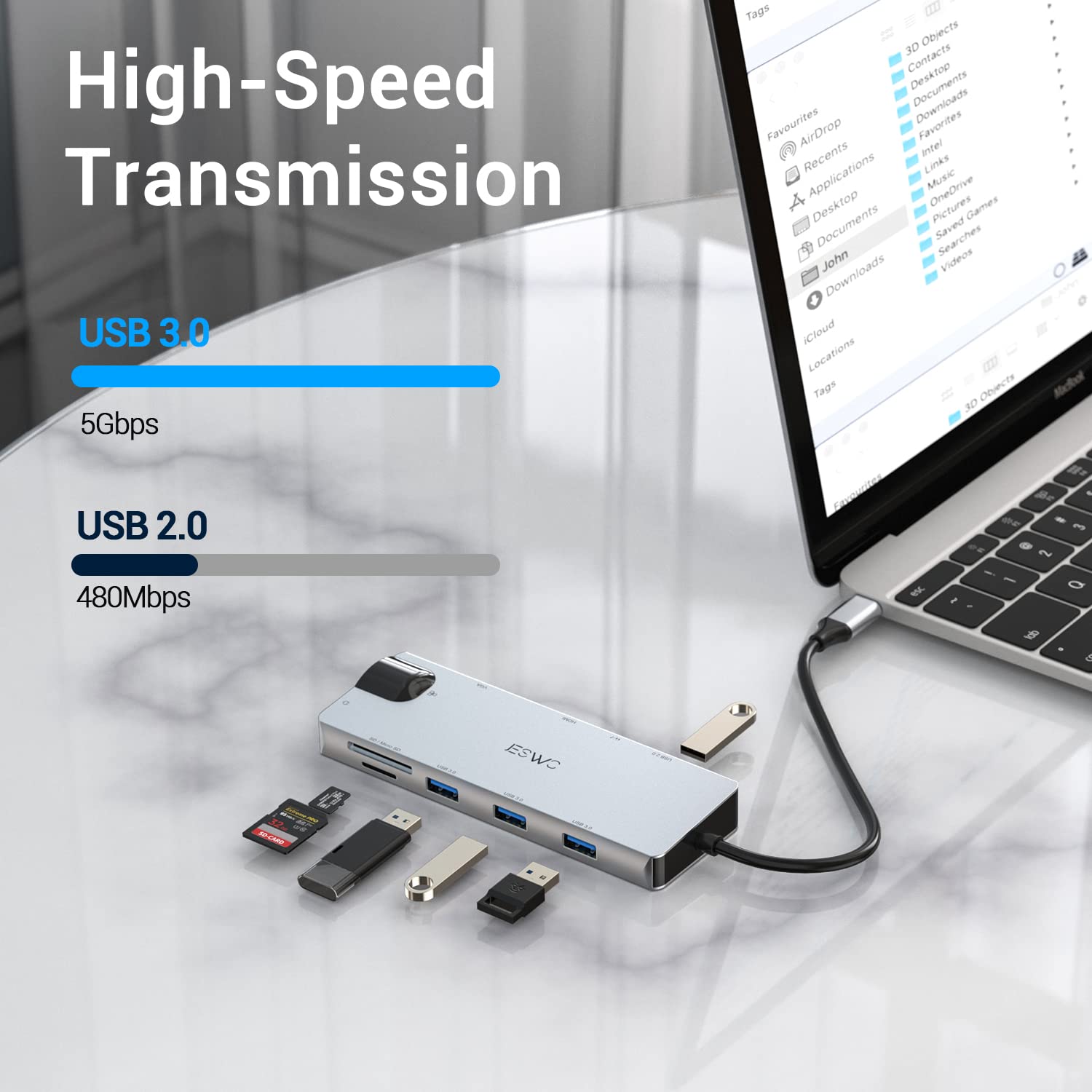 JESWO USB C Hub, 11 en 1 Adaptador Multipuerto Hub Tipo C con HDMI 4K, 3*USB 3.0, 2*USB 2.0, USB C 100W PD Carga, Ethernet de 1000 Mbps, Lector de Tarjetas SD/TF y VGA, Compatible con Macbook Pro/Air