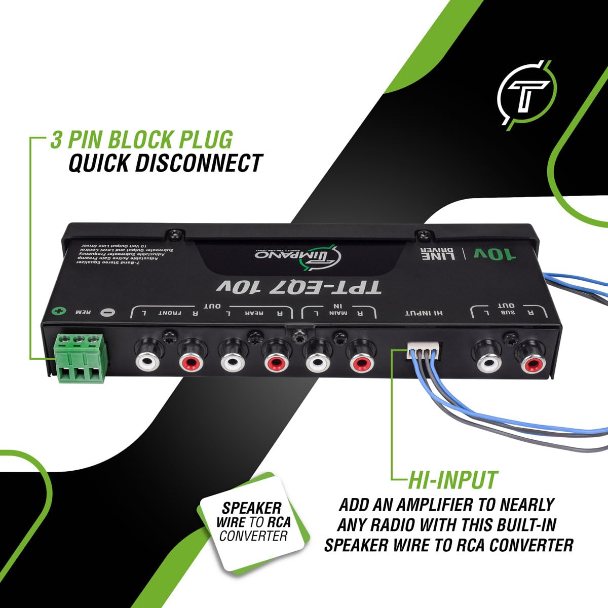 Timpano - Ecualizador de 7 bandas TPT-EQ7 driver de línea de alto voltaje de 10 V Salida RCA de 6 canales y control de subwoofer y cruce 1/2 Din Gráfico de audio para coche Eq con entrada de alto