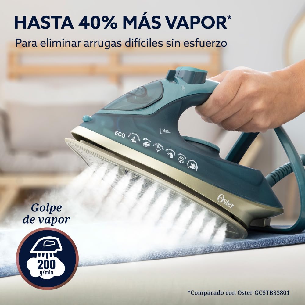Oster Plancha de Vapor, AeroGlide Max S7800, con Golpe de Vapor 200 g/min, Recubrimiento Metálico Cerámico, Suela con más Cobertura, Aeroceramic, Eco, Apagado Automático, Verde Oscuro, GCSTAC7802-013
