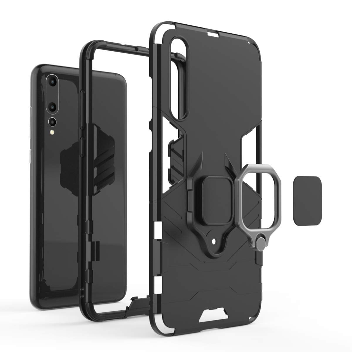 Compatible con Huawei P20 Pro Funda, Anillo Metálico Sujeción Soporte Antichoque Rígido Caja (Funciona con el Montaje de Coche Magnético) Doble Capa Sólido Case Carcasa para Huawei P20 Pro (Negro)