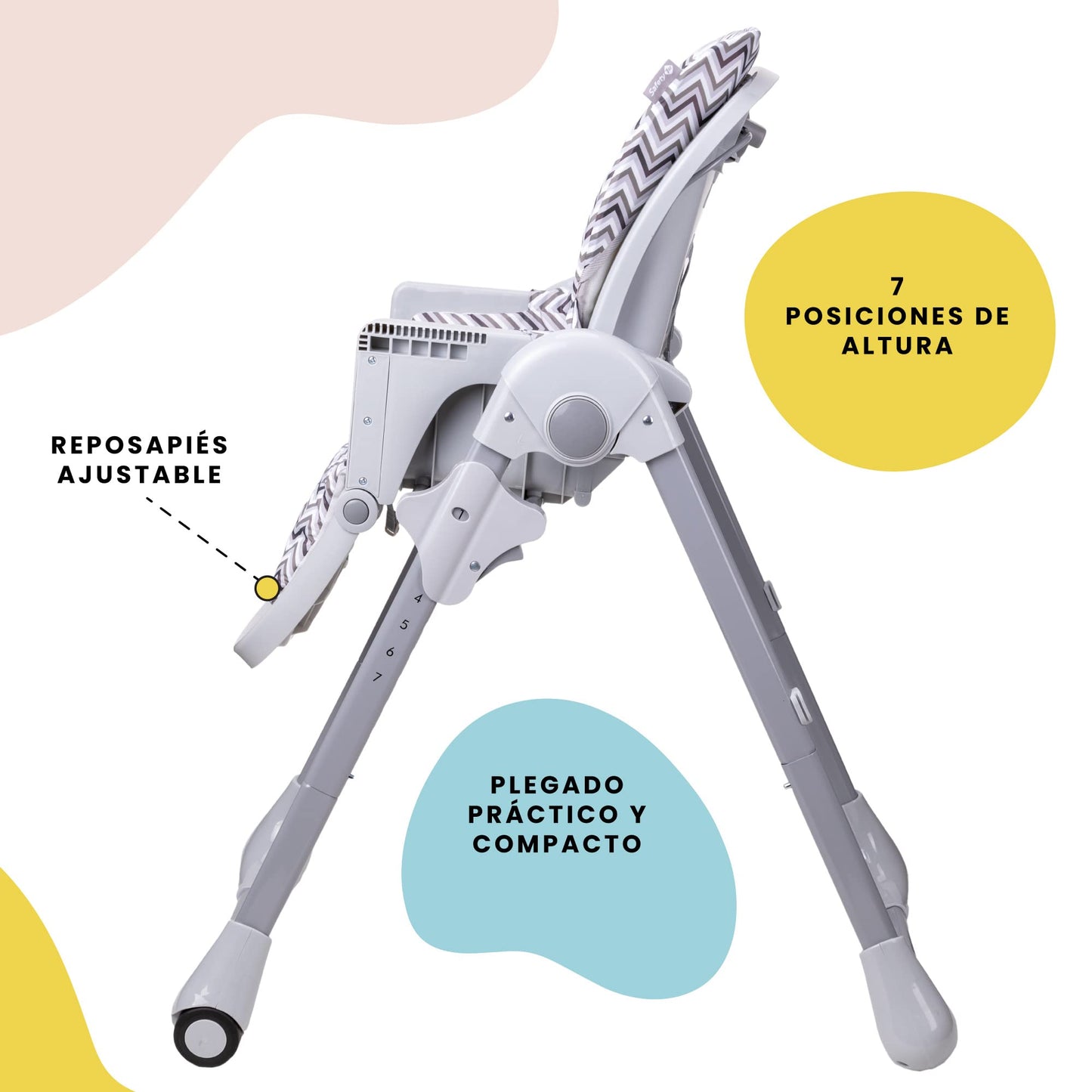 Safety 1st Silla Alta Periquera Tavola, Zig Zag, 7 posiciones de altura, 3 de reclinación, reposapiés ajustable, doble charola, plegado compacto.