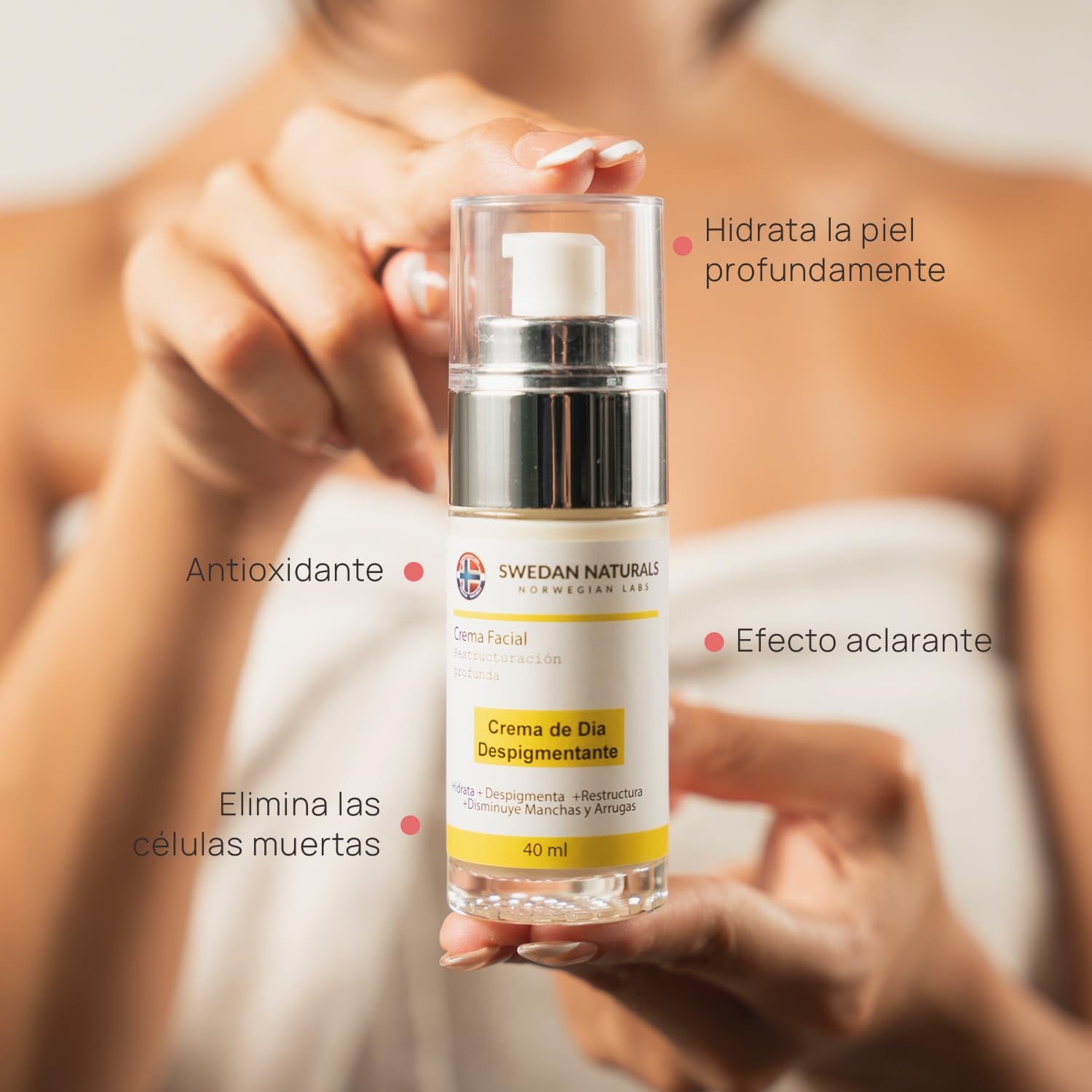 Swedan Naturals - Crema despigmentante de día, Niacinamida + Vitamina C, crema aclarante y antioxidante, cuida la piel de factores contaminantes y células muertas, hidratación profunda