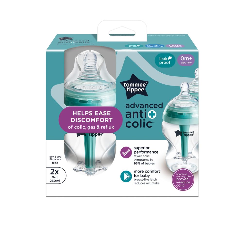 Biberón Avanzado Anti-Colic Tommee Tippee Transparente con Tetina Tipo Pecho Flujo Lento y Varilla Ventilada Autoesterilizante, 2 Pack para Bebé