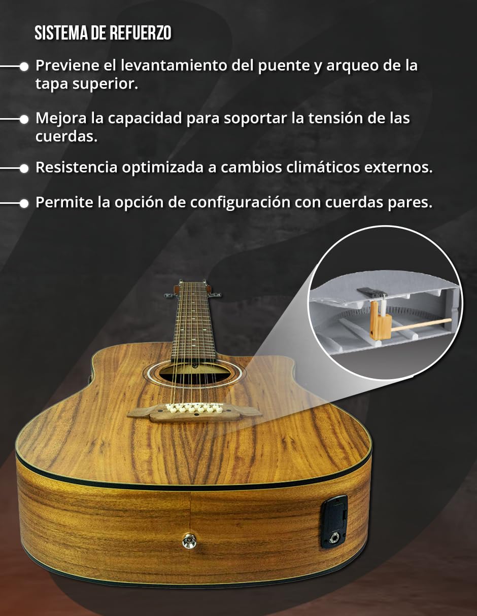 BAMBOO, Guitarra 12 cuerdas, Docerola, Guitarra Electroacustica Koa con Funda Accolchada, 42 pulgadas, madera Koa.