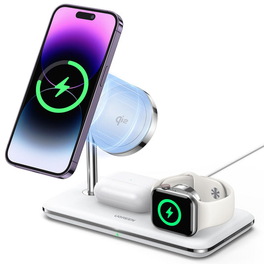 Cargador Inalámbrico 3-en-1 UGREEN Blanco MagSafe 25W Carga Rápida para iPhone, iWatch y AirPods