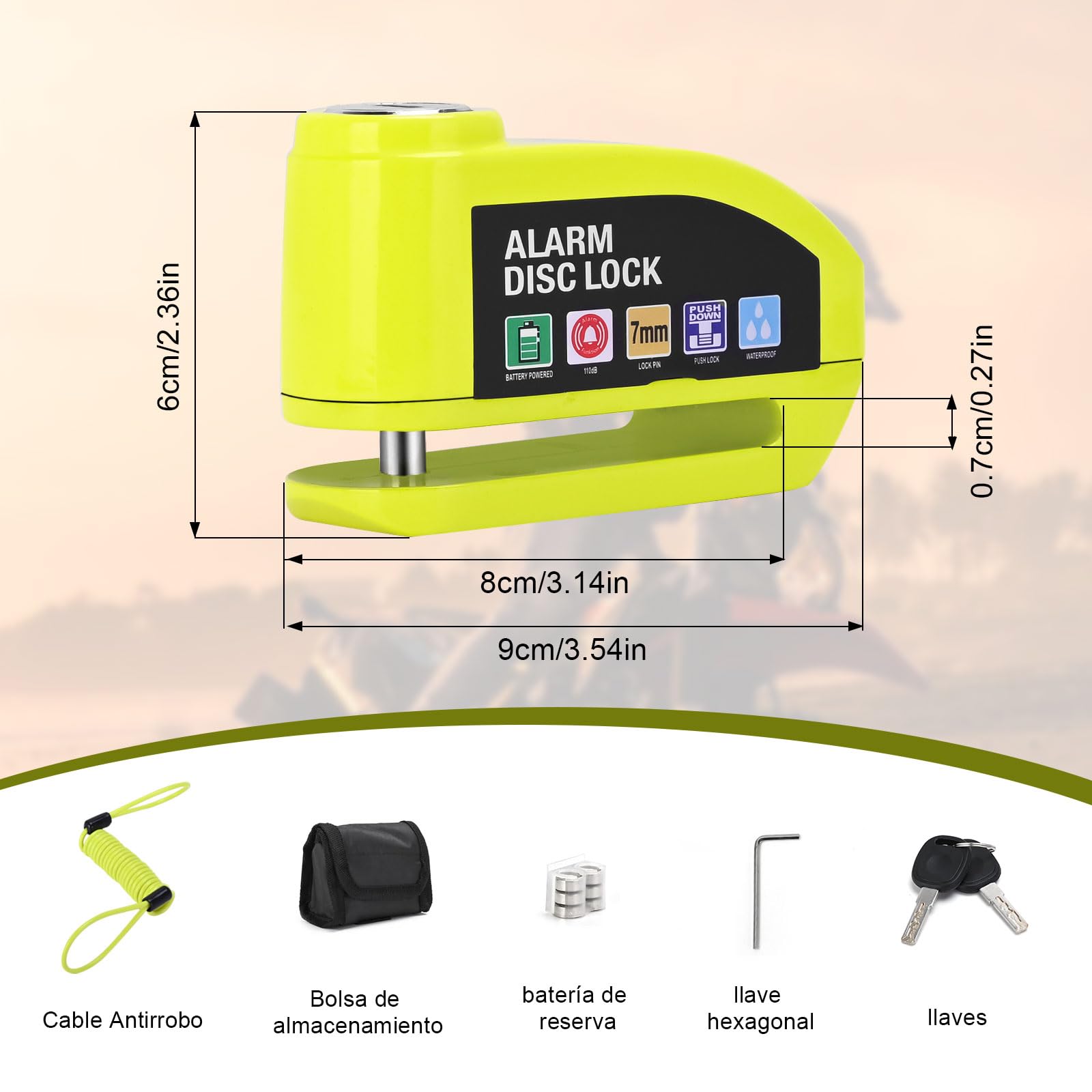 Kayoosi Candado de Alarma para Moto, Alarma de Freno de Disco de 110 Db con Sensor de Movimiento y Cable de Alarma de 4,3 Pies, Impermeable y Antirrobo, Compatible con Vehículos con Llantas de Disco