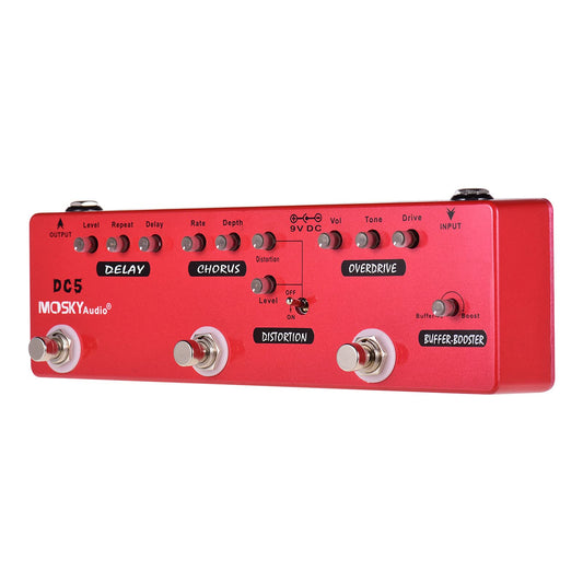 DC5 Pedal multiefectos de guitarra 6 en 1 Delay + Chorus + Distortion + Overdrive + Booster + Buffer Full Metal Shell con True Bypass