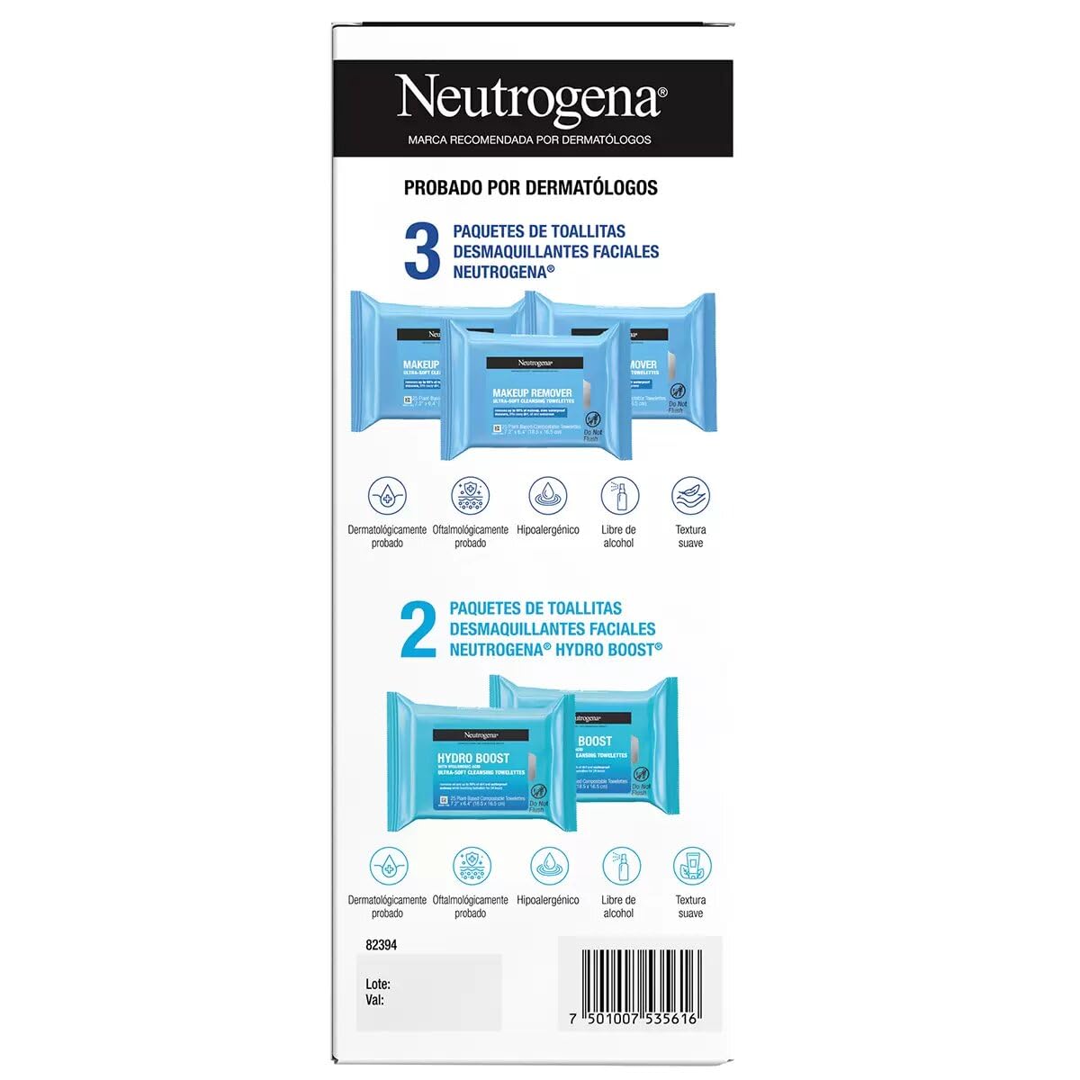 Neutrogena Toallitas Desmaquillantes y de Limpieza Facial en Paquete Variado de 5 Packs de 25 Toallitas: 3 Packs de Toallitas Desmaquillantes + 2 Packs de Toallitas de Limpieza Facial Hydro Boost con Acido Hialuronico. Total 125 Toallitas.