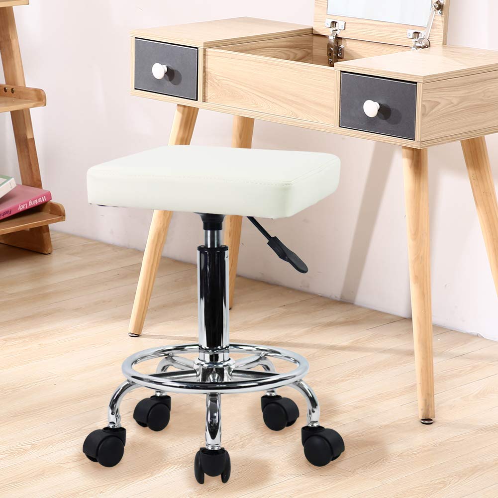 KKTONER Sillas giratorias de Cuero de imitación sobre Ruedas Altura Cuadrada Ajustable Taburetes rodantes con reposapiés para SPA Masaje Tatuaje Salón Pequeño Blanco