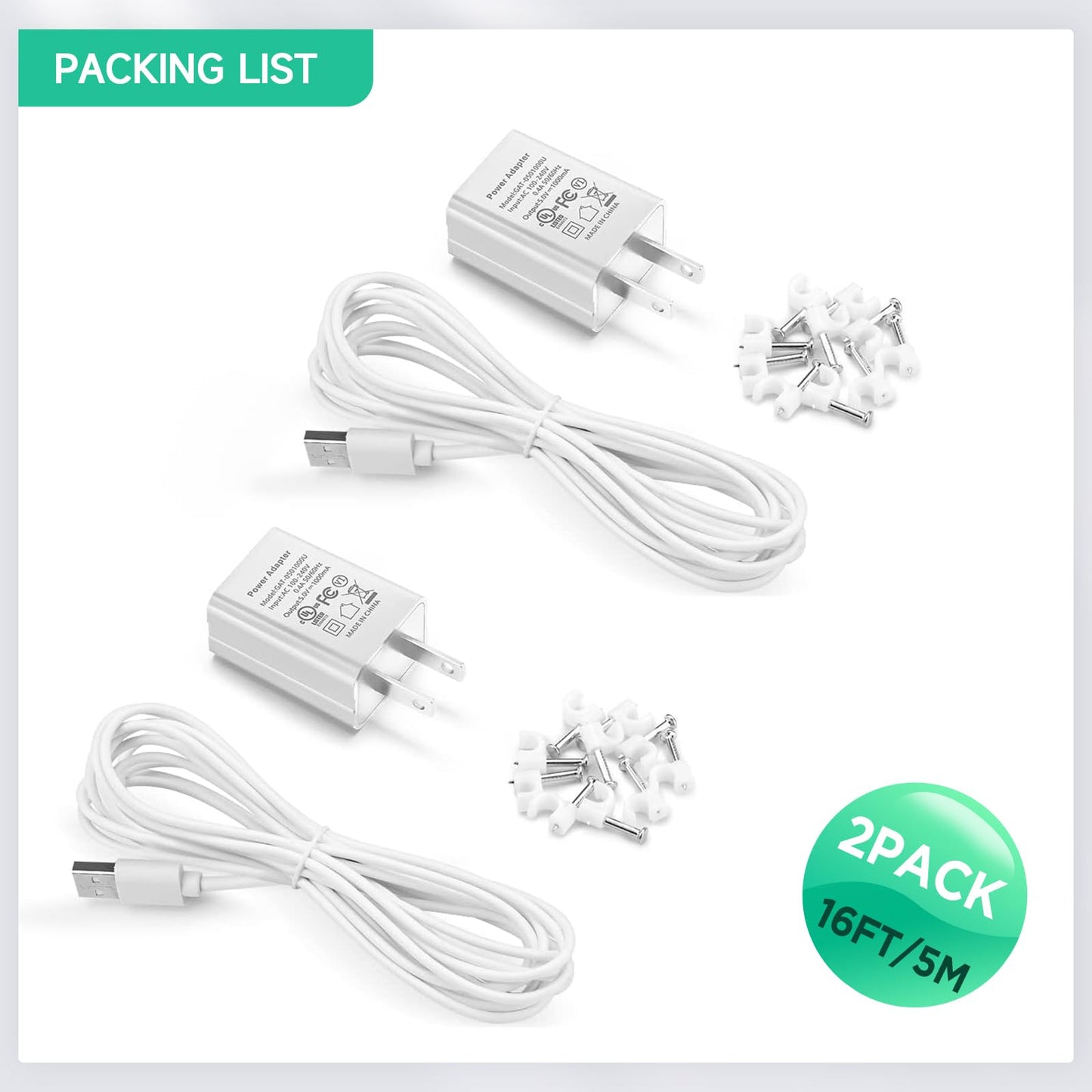 OLAIKE 5 m/ 16 pies (Paquete de 2) Cable de Carga Resistente a la Intemperie para Stick Up CAM Battery/Plug-in y Spotlight CAM Battery y Soporte para inclinación y Vista panorámica, Blanco