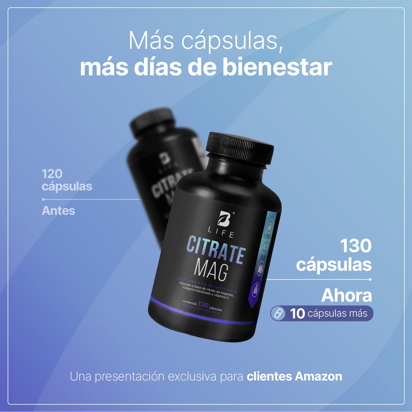 B Life Citrato de Magnesio Puro | 130 cápsulas | 2400 mg por porción | Alta absorción | Adicionado con Vitamina C y Colágeno Hidrolizado | Citrate Mag.