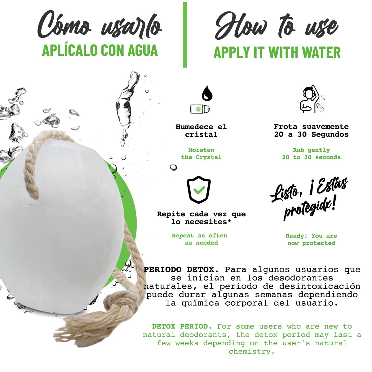 Vital Green Barra de Cristal de Alumbre de Potasio Multiusos, Desodorante Natural Tailandés, Elimina Olor, Sin Fragancia, Sin Plástico, Para Toda la Familia, 100g - 3.53 oz