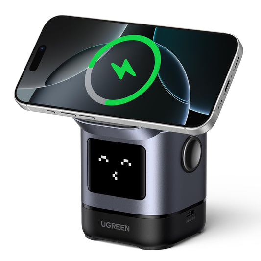 UGREEN UNO Cargador Inalámbrico 2 en 1 15W Qi2 Certificado, Carga Inalámbrica Magnético Compatible con iPhone 16/15/14/13/12, AirPods 2/3, Soporte Cargable Ajustable en Ángulo Con Emoji de Inteligente