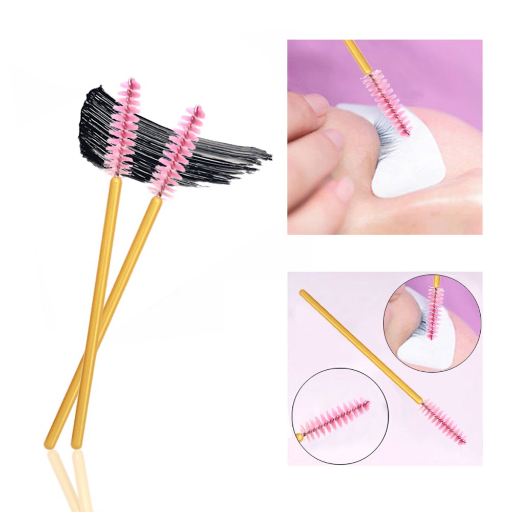 300 Pack Disposable Mascara Wands Bulk Eyelash Extension Brush Lash Wand Applicator, Gold/Pink
