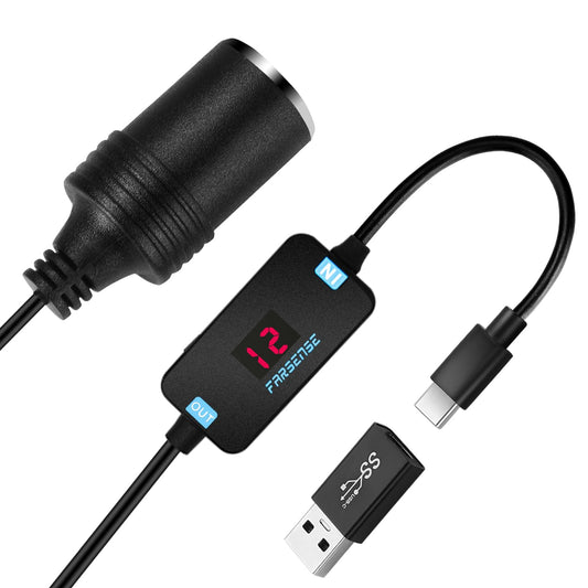 FARSENSE - Adaptador de encendedor de cigarrillos USB A a 12 V (36 W)-USB C macho a encendedor de cigarrillos hembra (2 pies) con voltaje de conmutación y voltaje de visualización, para cámara de