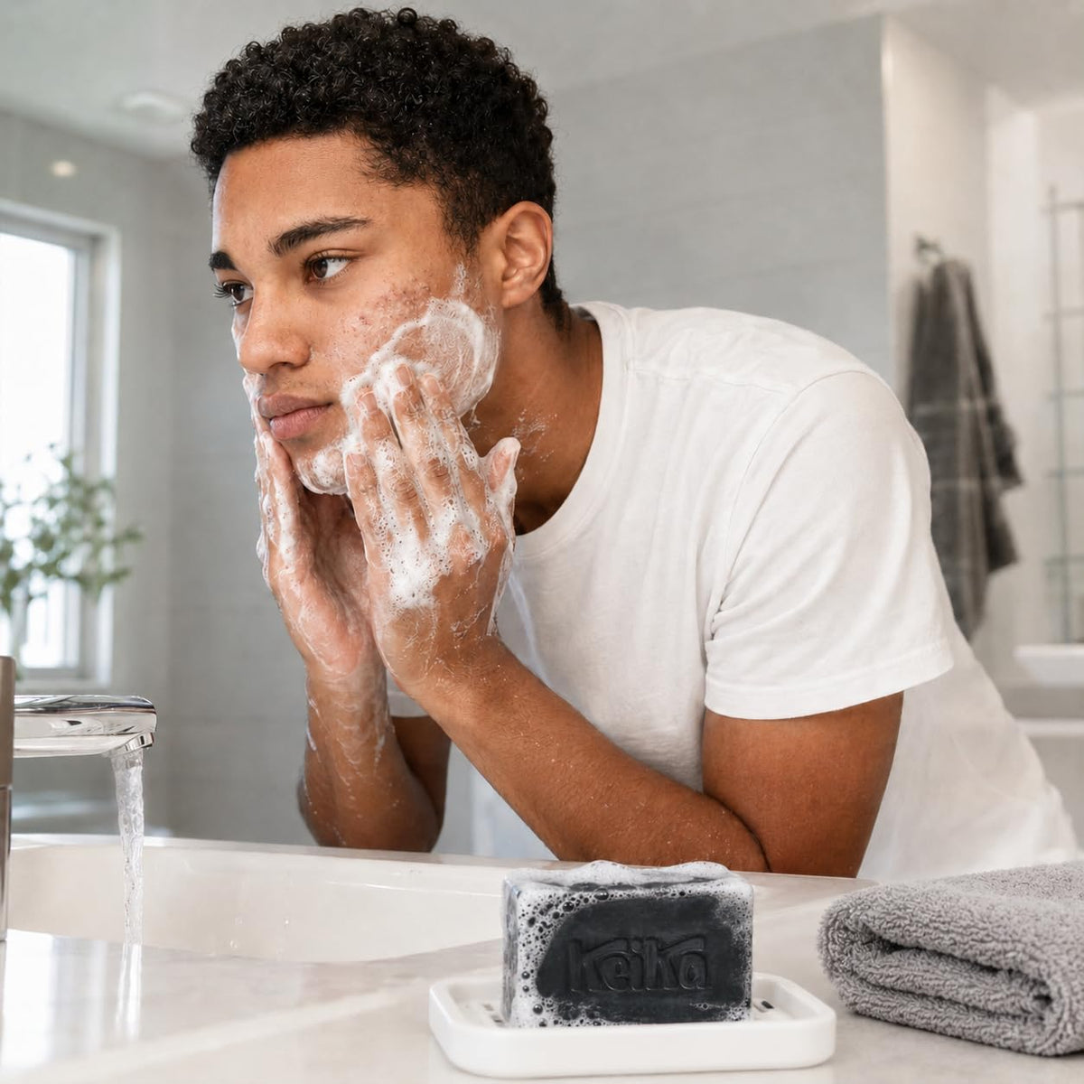Keika Naturals Barra de jabón negro carbón para acné, eczema, psoriasis, cara, cuerpo, hombres mujeres adolescentes con piel grasa, 5 onzas, 1-paquete