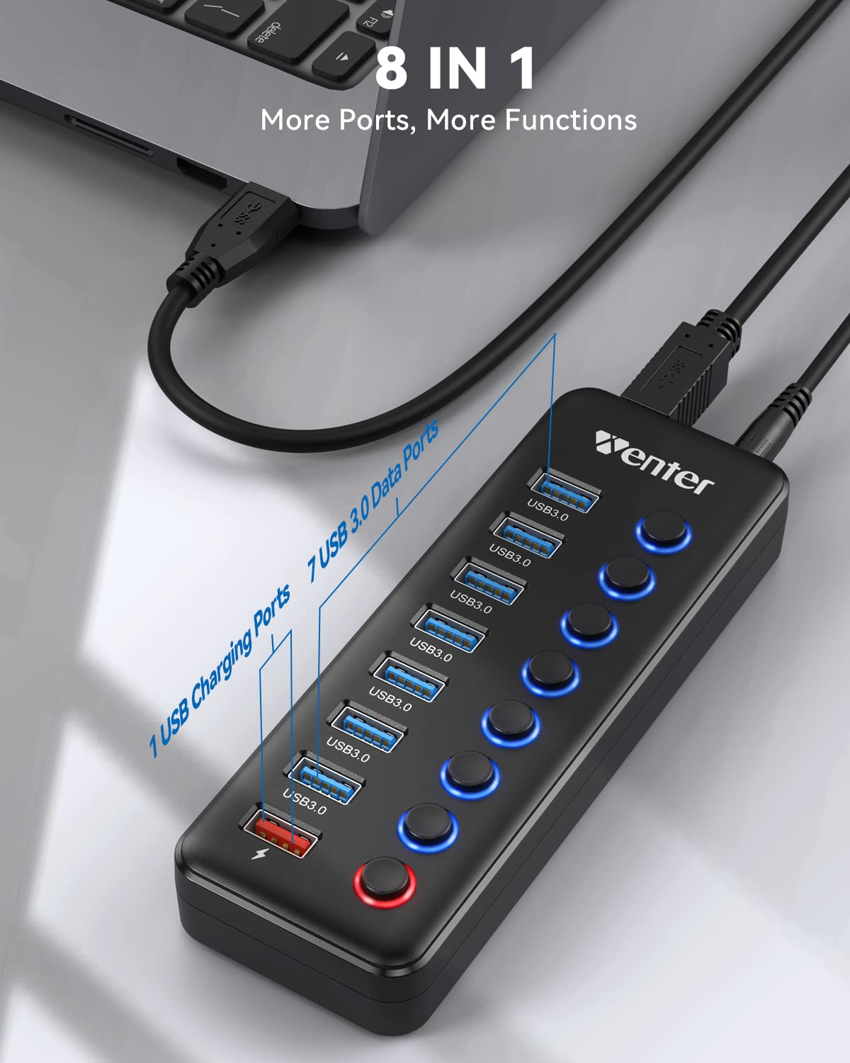 Hub USB alimentado 3.0, Wenter 8 puertos USB Splitter Hub (7 puertos de transferencia de datos más rápidos + 1 puerto de carga inteligente) con interruptores LED individuales de encendido/apagado, Hub