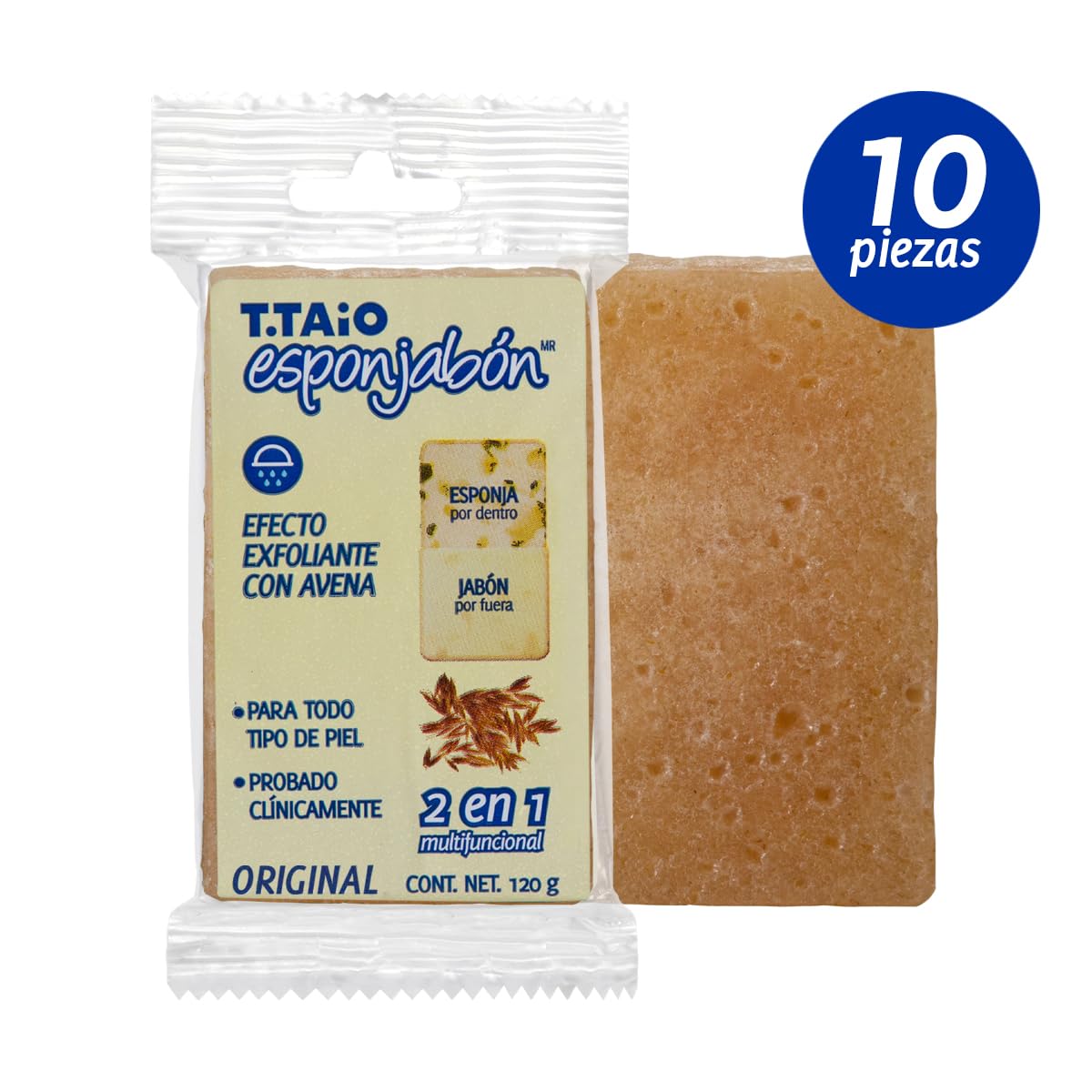 Jabón Corporal con Esponja Integrada 2 en 1, Exfoliación Suave, Aroma Avena, Pack 10 Piezas, ESPONJABON T.TAIO