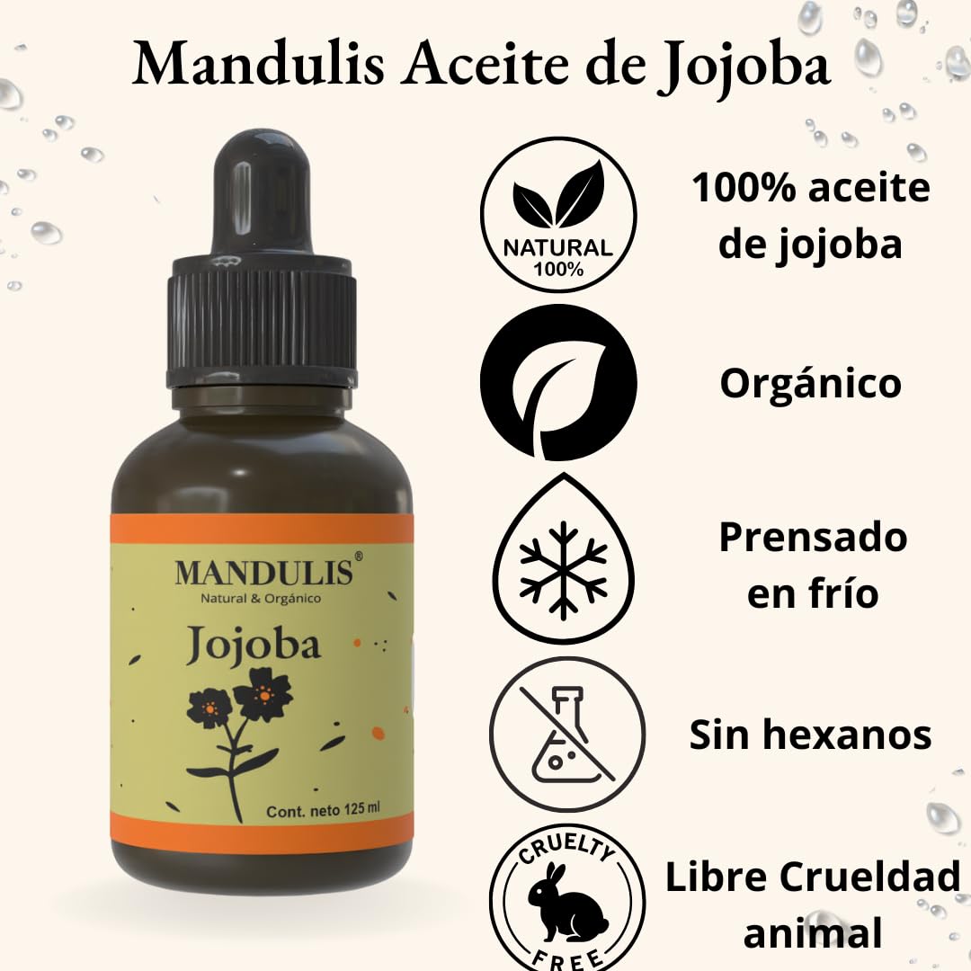 Aceite de Jojoba Orgánico 100% Puro – Prensado en Frío | 125 ml | Hidratante Facial y Corporal, Desmaquillante Natural, Controla el Sebo, Ideal para Piel y Cabello | Sin Aditivos ni Fragancias