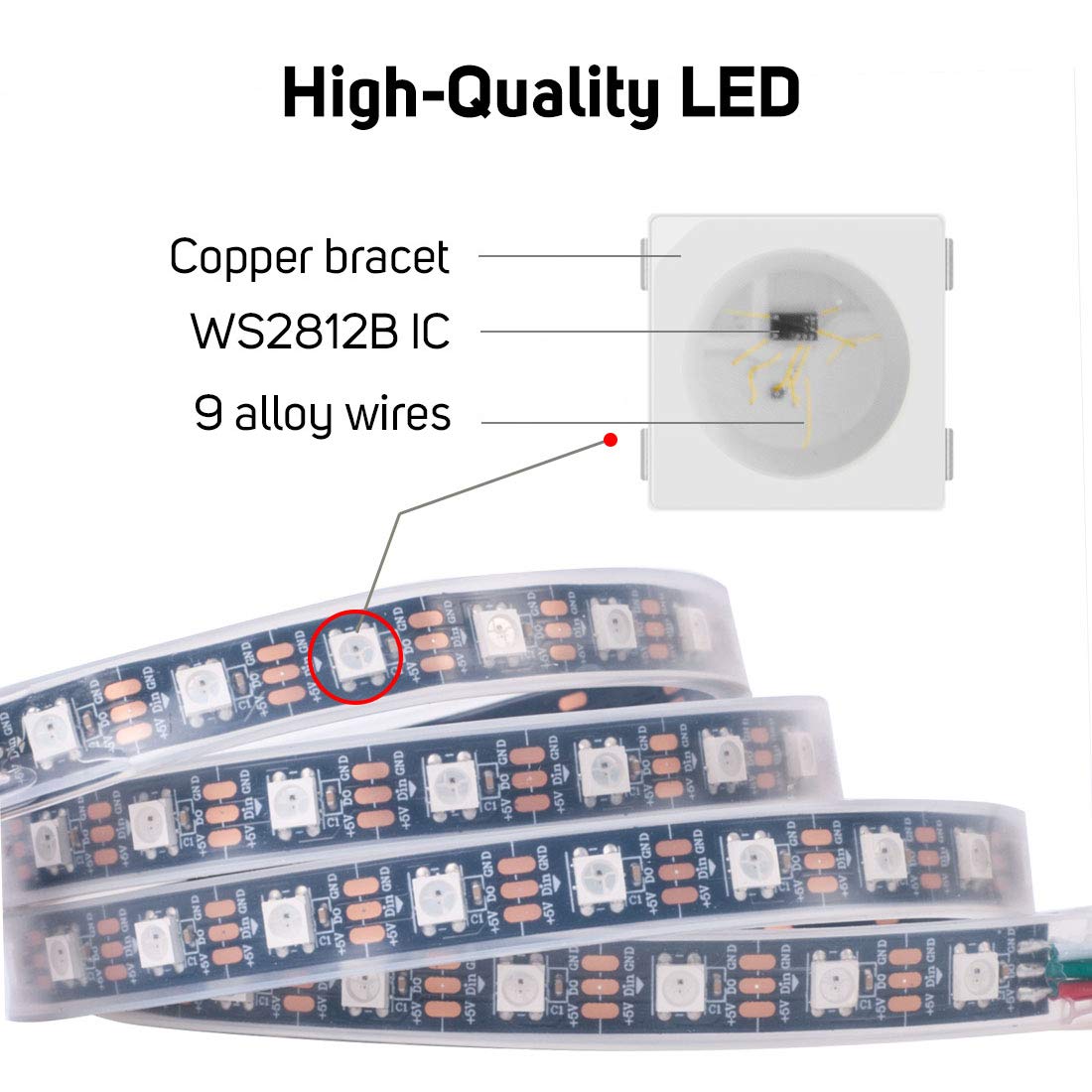 BTF-LIGHTING WS2812B - Tira de LED RGB ECO, efectos de persecución 5050SMD direccionable individualmente 3.3 pies 60 Pixeles/m, color flexible de ensueño IP65 para proyectos de bricolaje de recámara