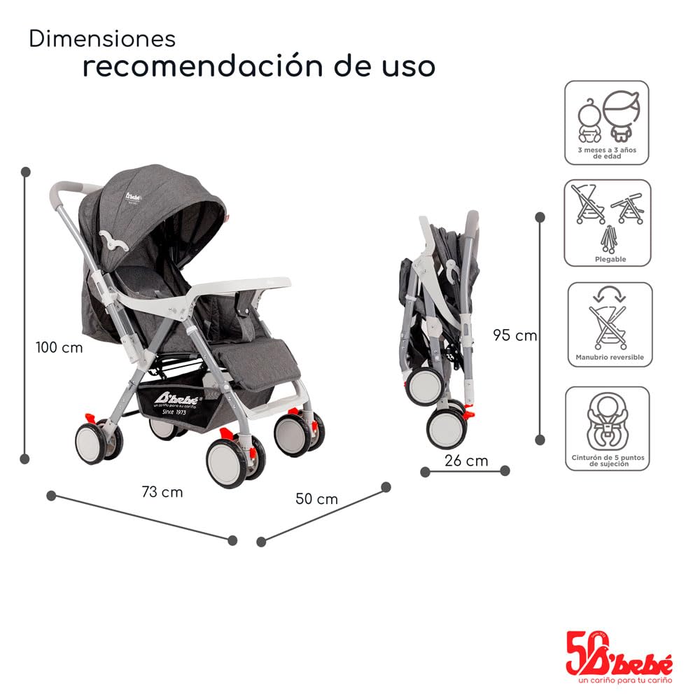 D´Bebé Carriola Baby BM Gris -Manubrio ajustable a 2 posiciones: posicion general y reversible -Respaldo con 3 posiciones