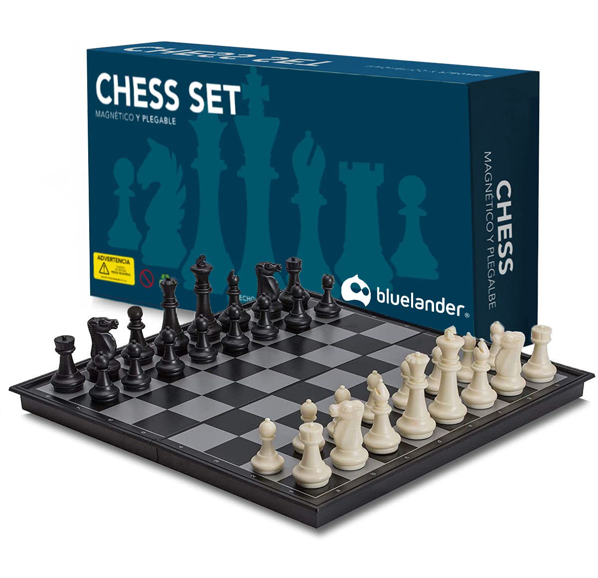 Bluelander Ajedrez Profesional, Magnético, (25cm) Diseño Clásico de Lujo, Tablero Plegable, Portátil 25cm x 25cm Abierto (25cm x 12.5cm Cerrado), Juego de Mesa Portátil y Educativo (Blanco y Negro)