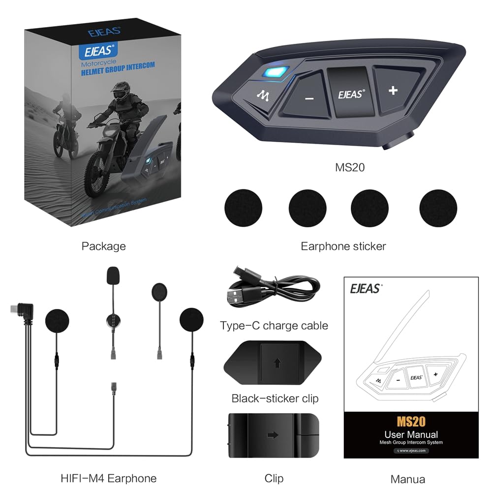Intercomunicador Bluetooth iSunergy MS20 2000m Auricular Universal para Motocicleta