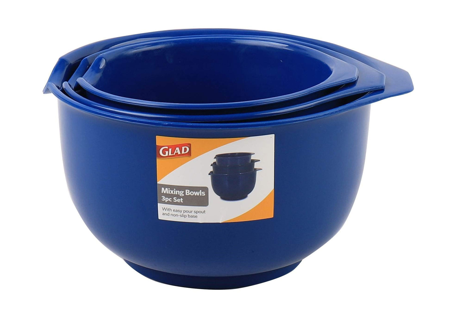 Glad Cuencos para mezclar con boquilla de vertido, juego de 3, diseño de anidación que ahorra espacio, antideslizantes, sin BPA, aptos para lavaplatos, suministros de cocina y horneado, color azul