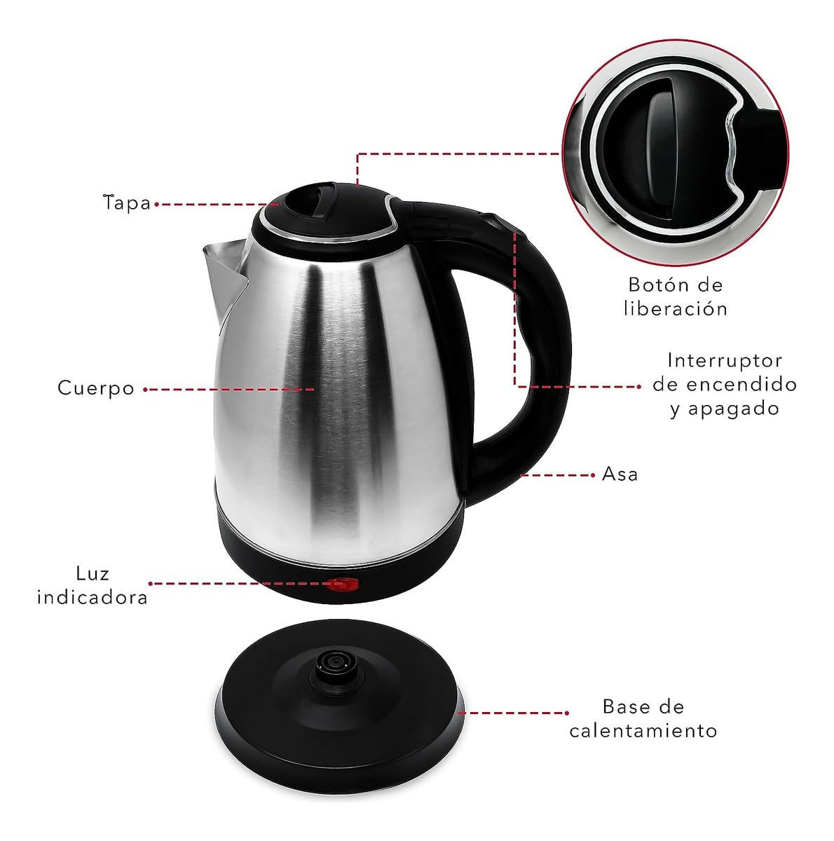 Hervidor Eléctrico | Jarra Inalámbrica | 2 Litros | 1000 W | Acero Inoxidable | Resistente | Hierve en minutos | Base removible | Apagado automático