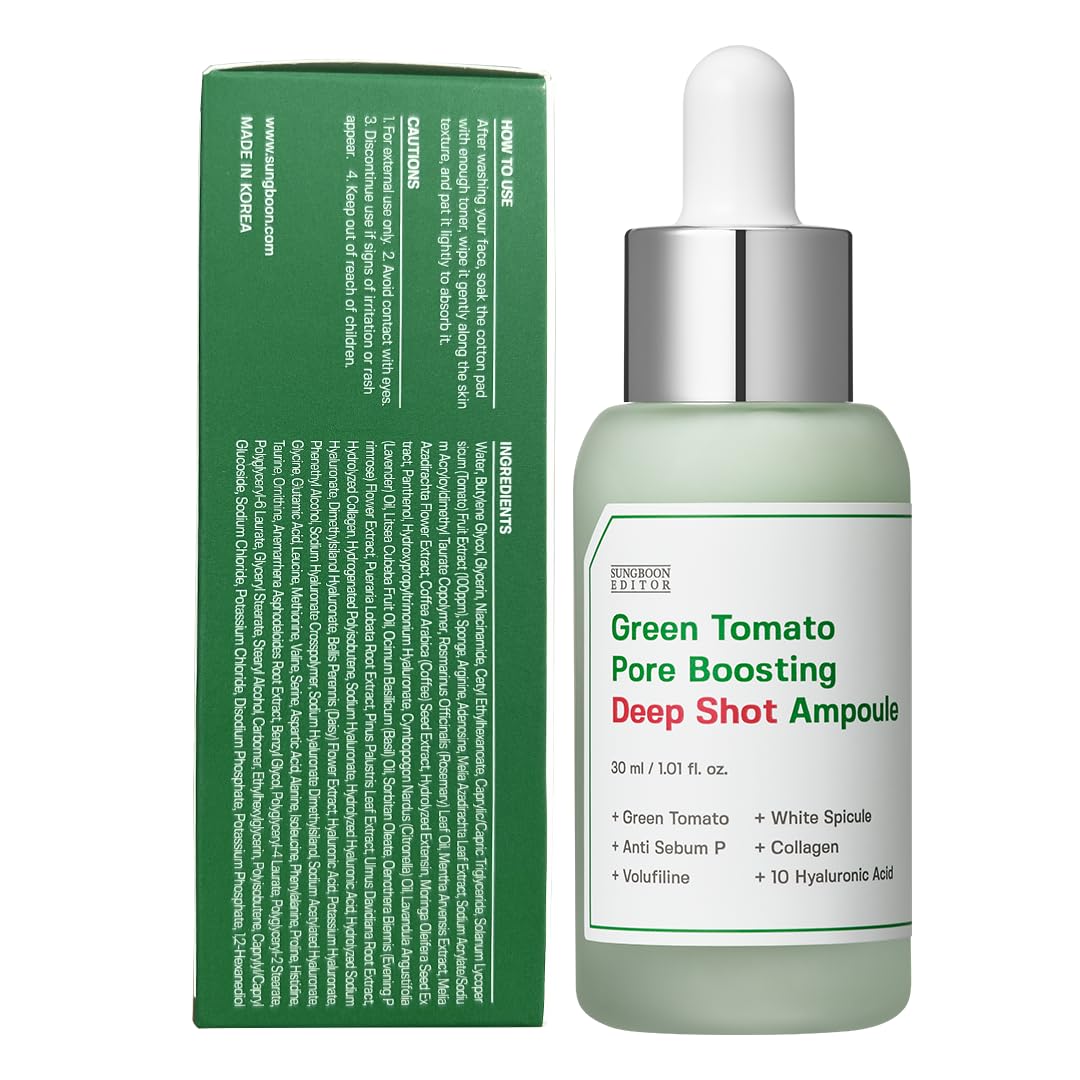 SUNGBOON EDITOR Ampolla Green Tomato Volufiline Pore Boosting Deep Shot - Suero para minimizar los poros y reafirmar la piel con colágeno y ácido hialurónico Cuidado de la piel coreano 1.01 fl oz