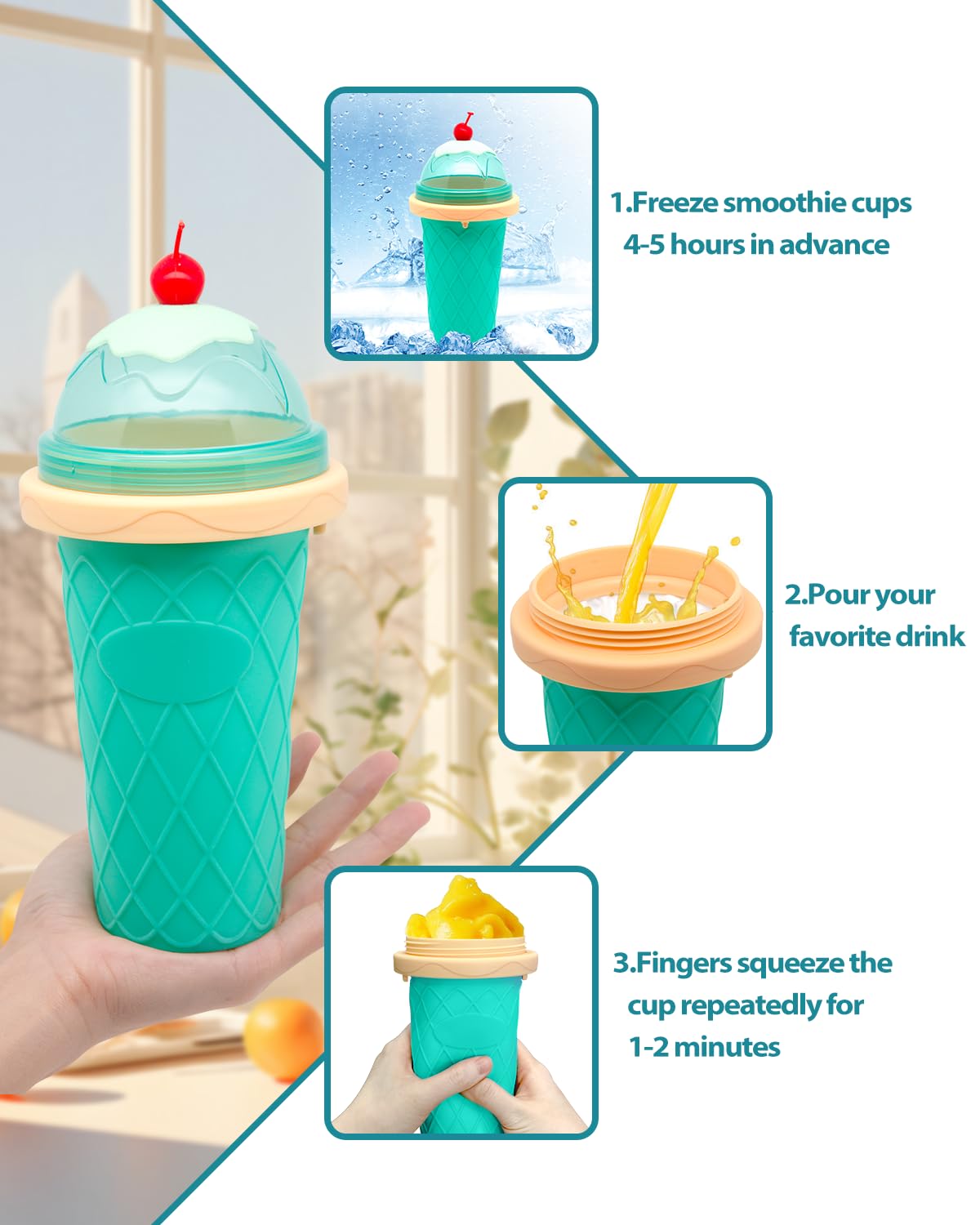 Bollove Taza de Slushietazas de licuado con tapas y popotestaza de granizado para jugosleche y heladofabricante portátil de vasos de granizado mágico congelado para niñosamigos y familiares (verde)