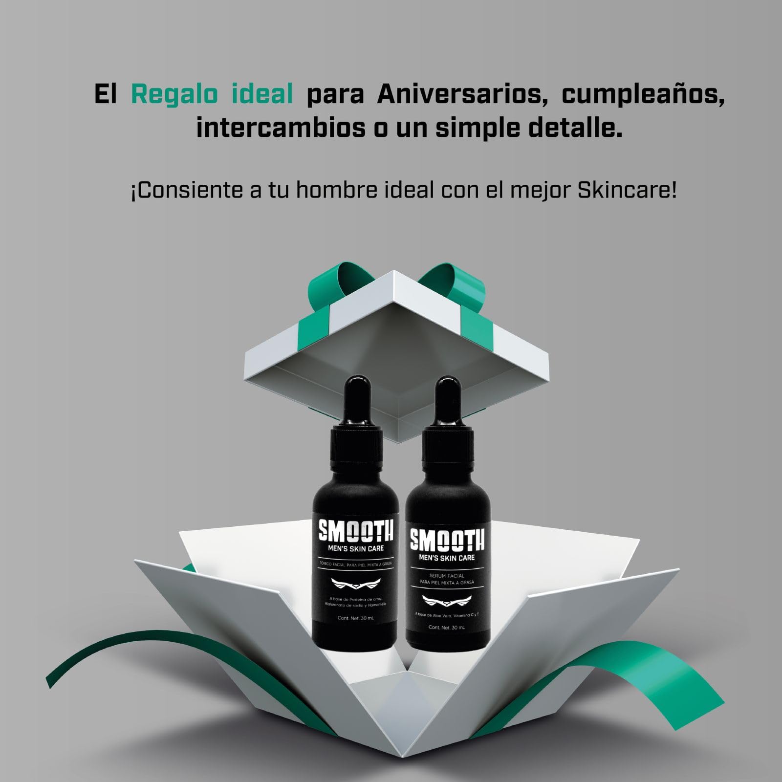 SMOOTH Kit Dúo Radiante para hombres | Tónico facial de hialuronato de sodio y Sérum Facial de Vitamina C | Hidrata, Tonifica y Desinflama, Antioxidante, Hidratante, Reduce líneas de Expresión y Disminuye Arrugas | 2 frascos de 30 ml | Uso Día y Noche