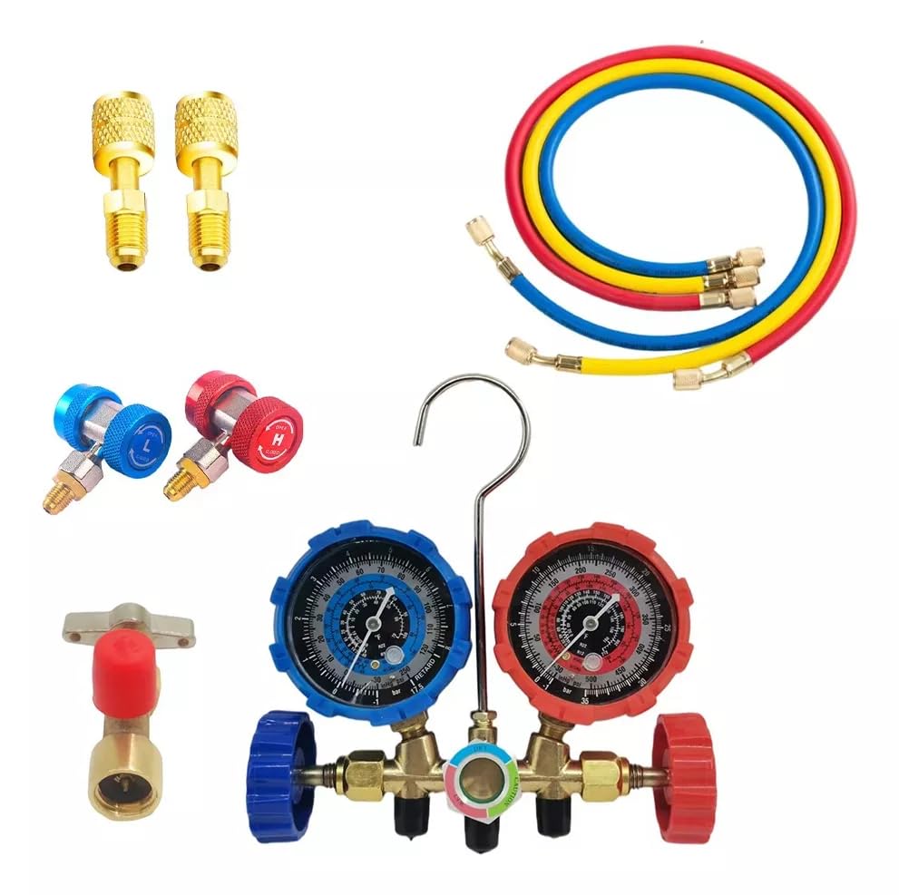 FIXITFAST 4cfm 1/3hp Bomba De Vacío + Manómetro R134a/r22/r410a/r404a juego de manómetros de colector de 4 vías para refrigerantes para refrigeración HVAC A/C recarga y mantenimiento, sin aceite