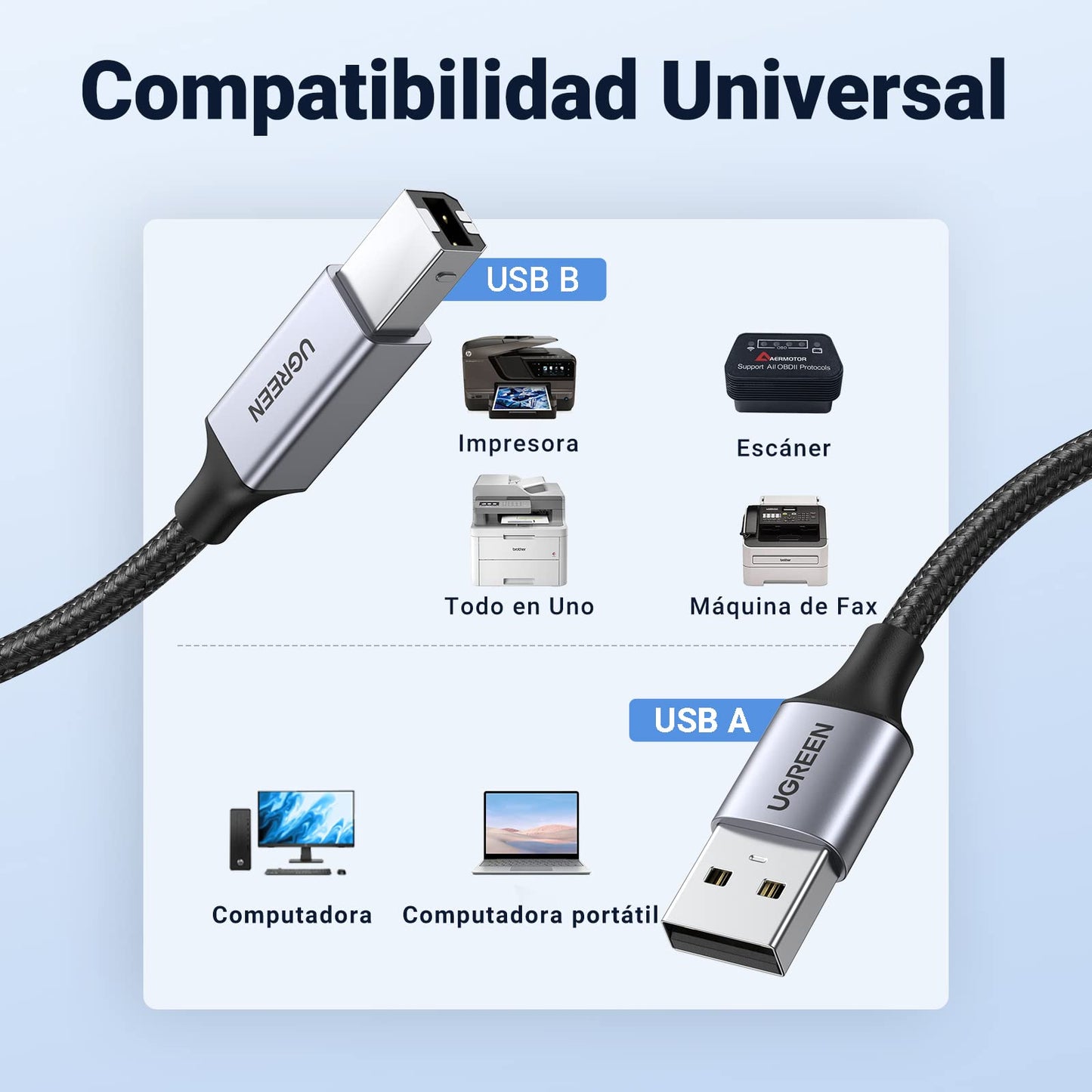 Cable Impresora UGREEN Negro Nylon Largo 2M USB 2.0 Tipo A a B para HP, Epson, Brother, Lexmark y Escáner