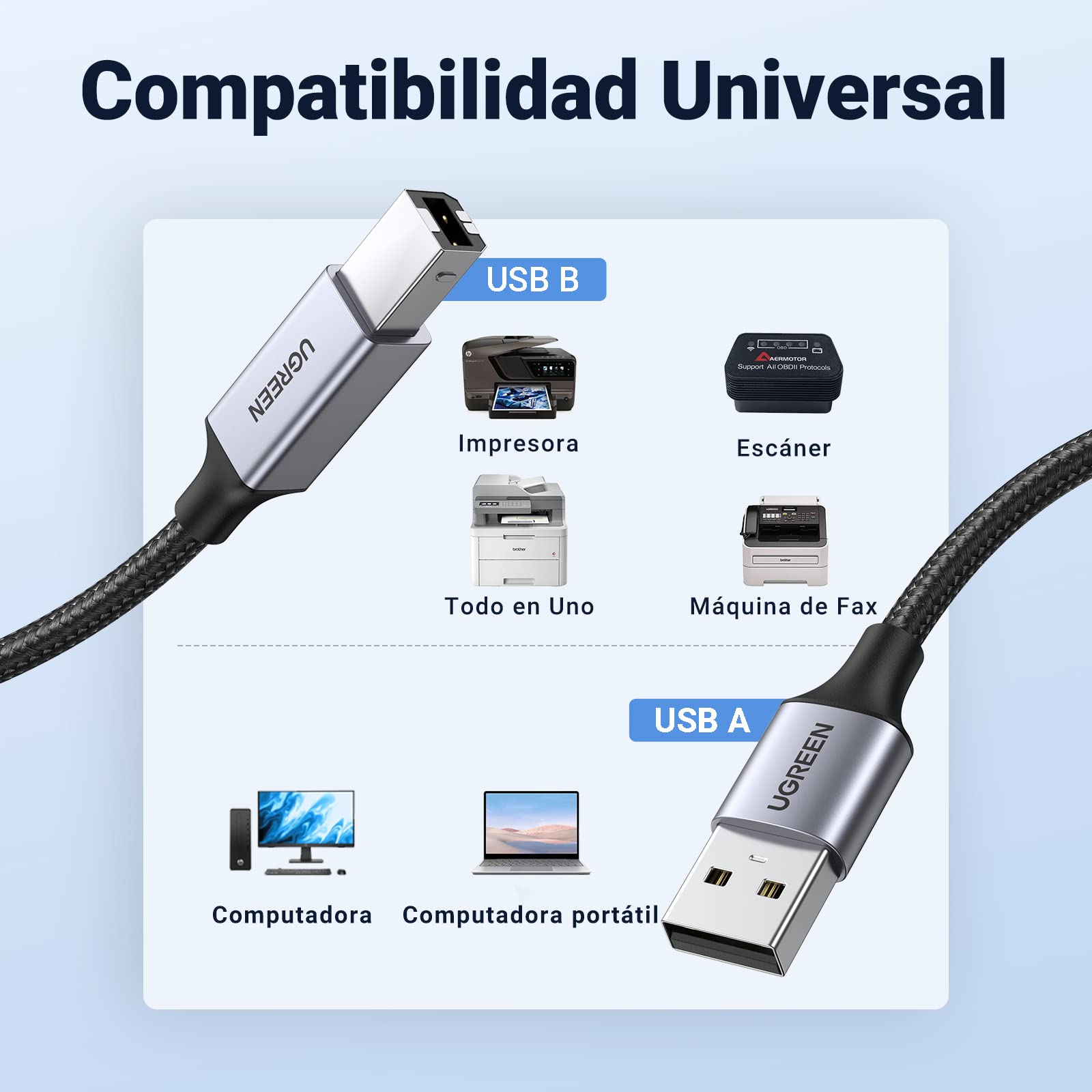 Cable Impresora UGREEN Negro Nylon Largo 2M USB 2.0 Tipo A a B para HP, Epson, Brother, Lexmark y Escáner