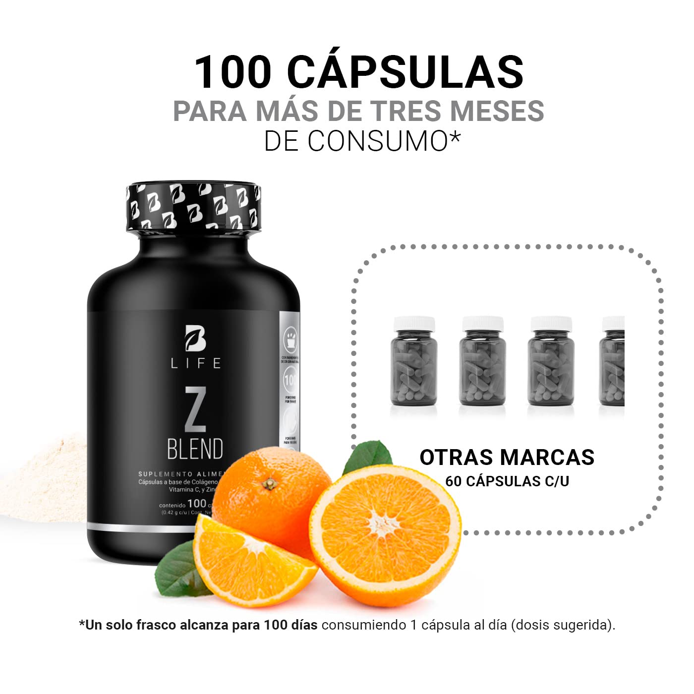 B Life Zinc de 100 Cápsulas. Ingredientes naturales: Zinc, Colágeno y Vitamina C. Z Blend.