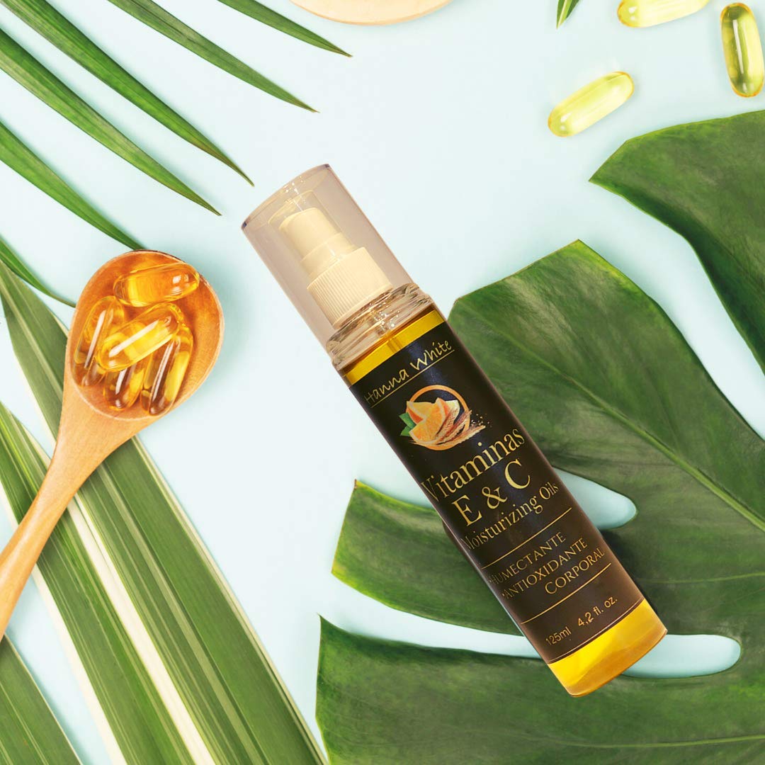 Aceite corporal antioxidante con vitamina E y aloe vera para una piel radiante y joven.