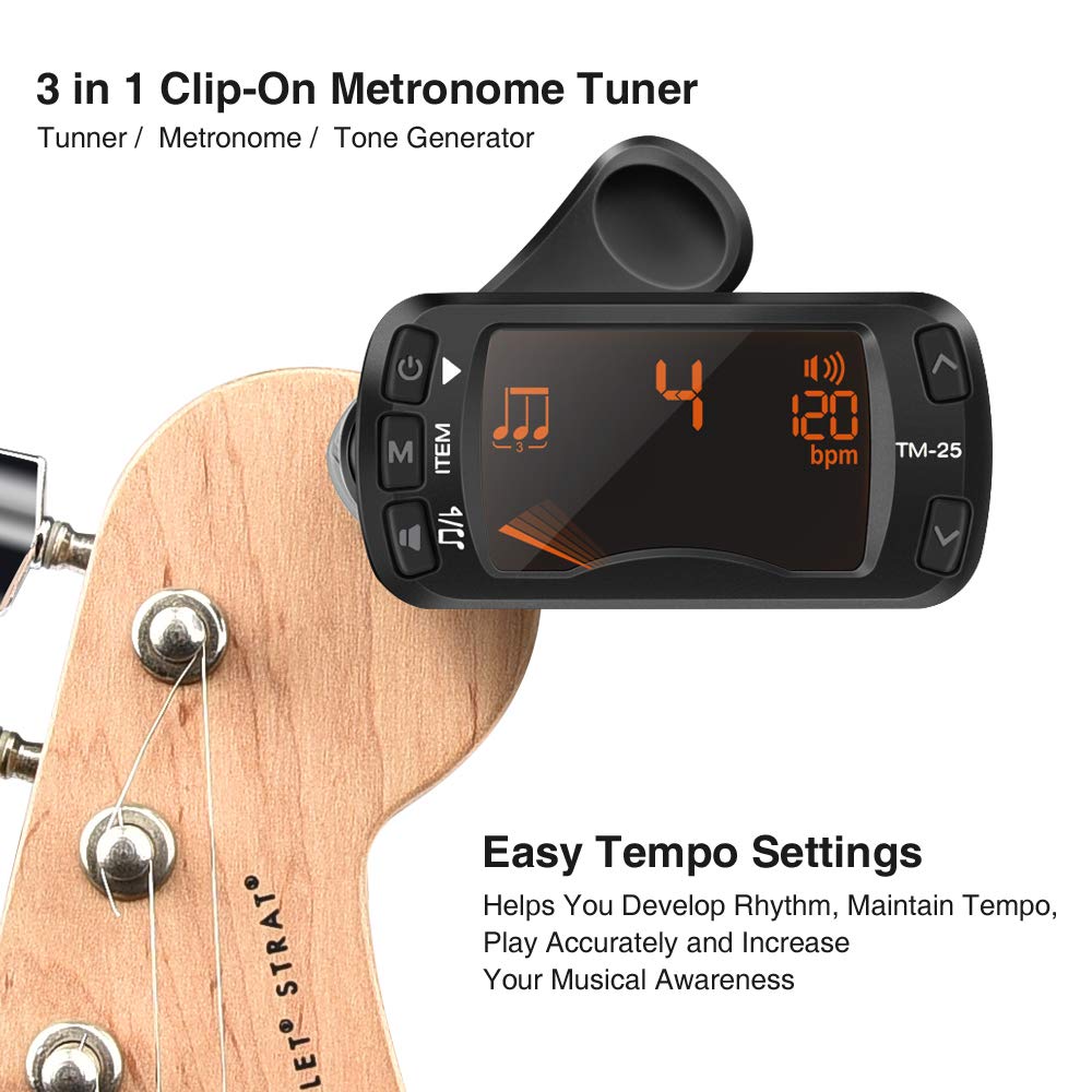 Lekato TM-25 - Metrónomo afinador para guitarra y violín (3 en 1, afinador y metrónomo)