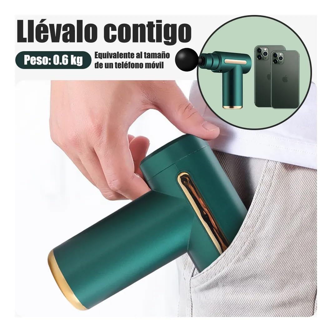 Pistola de Masaje Muscular con 4 Cabezas, Masajeador Portatil Muscular Mini Masajeador de Tejido Profundo Ajustables Massage Gun, Masaje Profesional Para Musculos, Ligamentos y Tejidos, Carga USB(Verde)