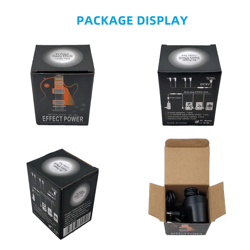 Adaptador de Suministro de Energía Pigtone 9V DC 1A Negro con Cables de Cadena Tipo Margarita para Pedales de Efecto de Guitarra