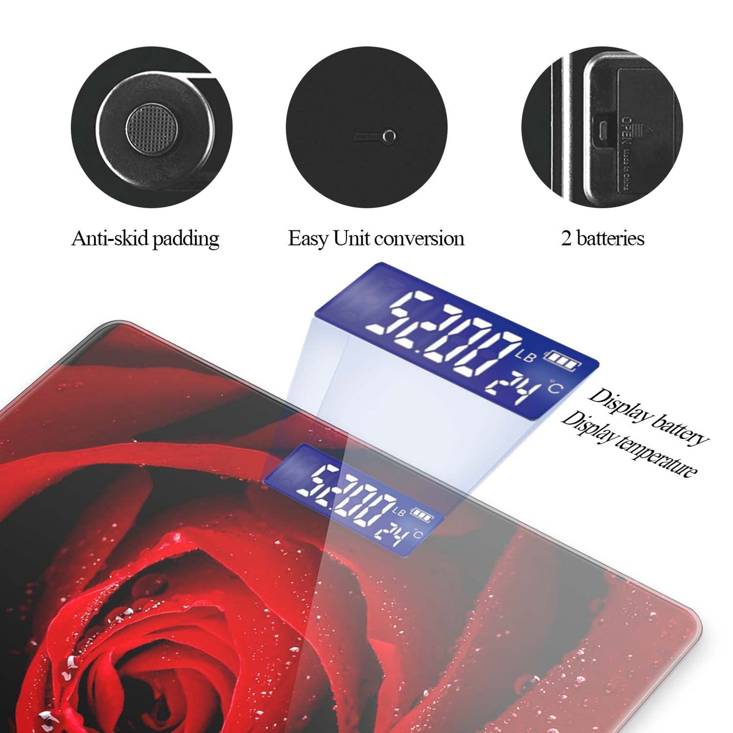 Báscula digital de baño para peso corporal de 400 libras, báscula digital personalizada con pantalla retroiluminada, fácil de leer (batería no incluida), rosa roja