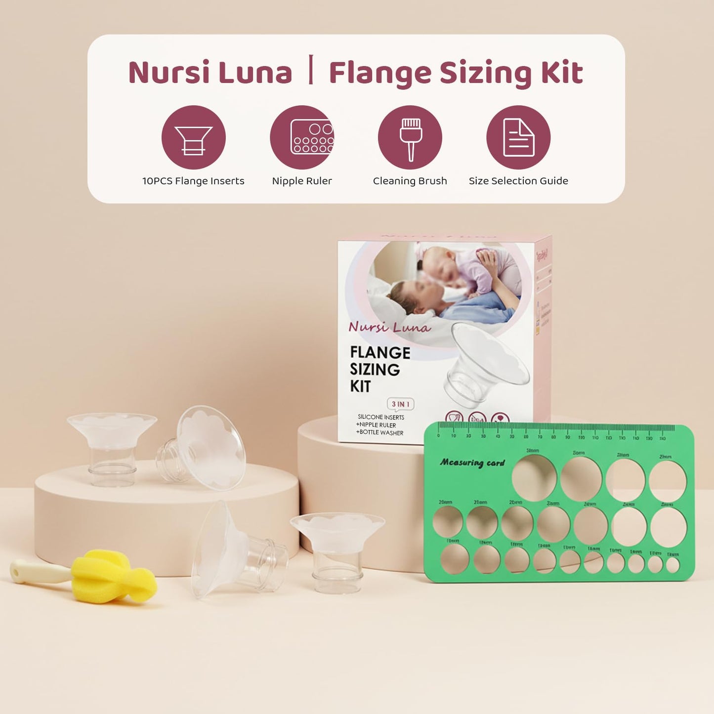 Nursi Luna - Kit de tamaño de brida 3 en 1 con 10 insertos de brida de 13/15/17/19/21 mm, kit de inserción de bridas de silicona para brida o escudo de 24 mm, kit esencial de bombeo para madres