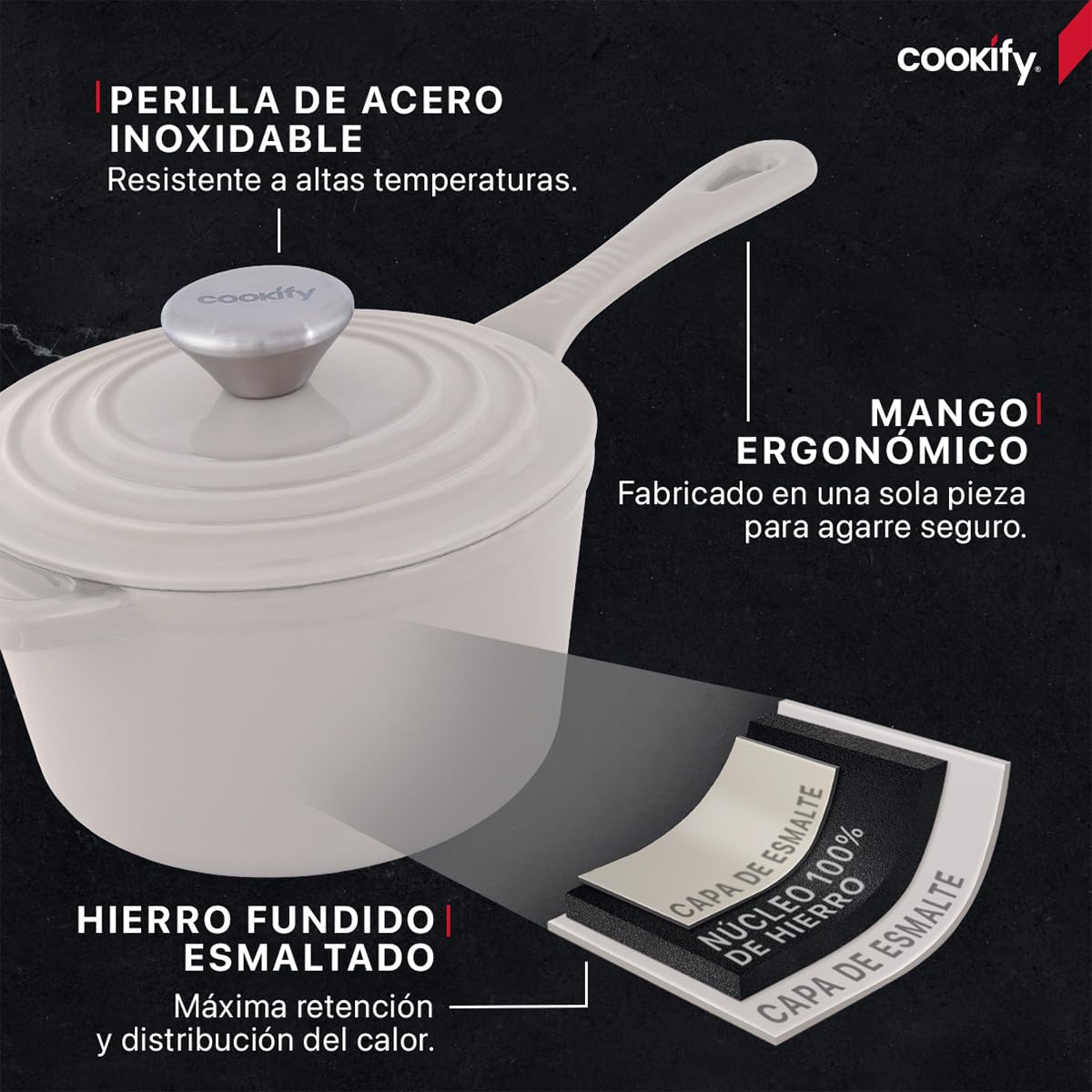 Cookify Olla de Hierro Fundido Esmaltado para Horno y Estufa, Capacidad 1.5 Litros (Taupe, 17 cm)