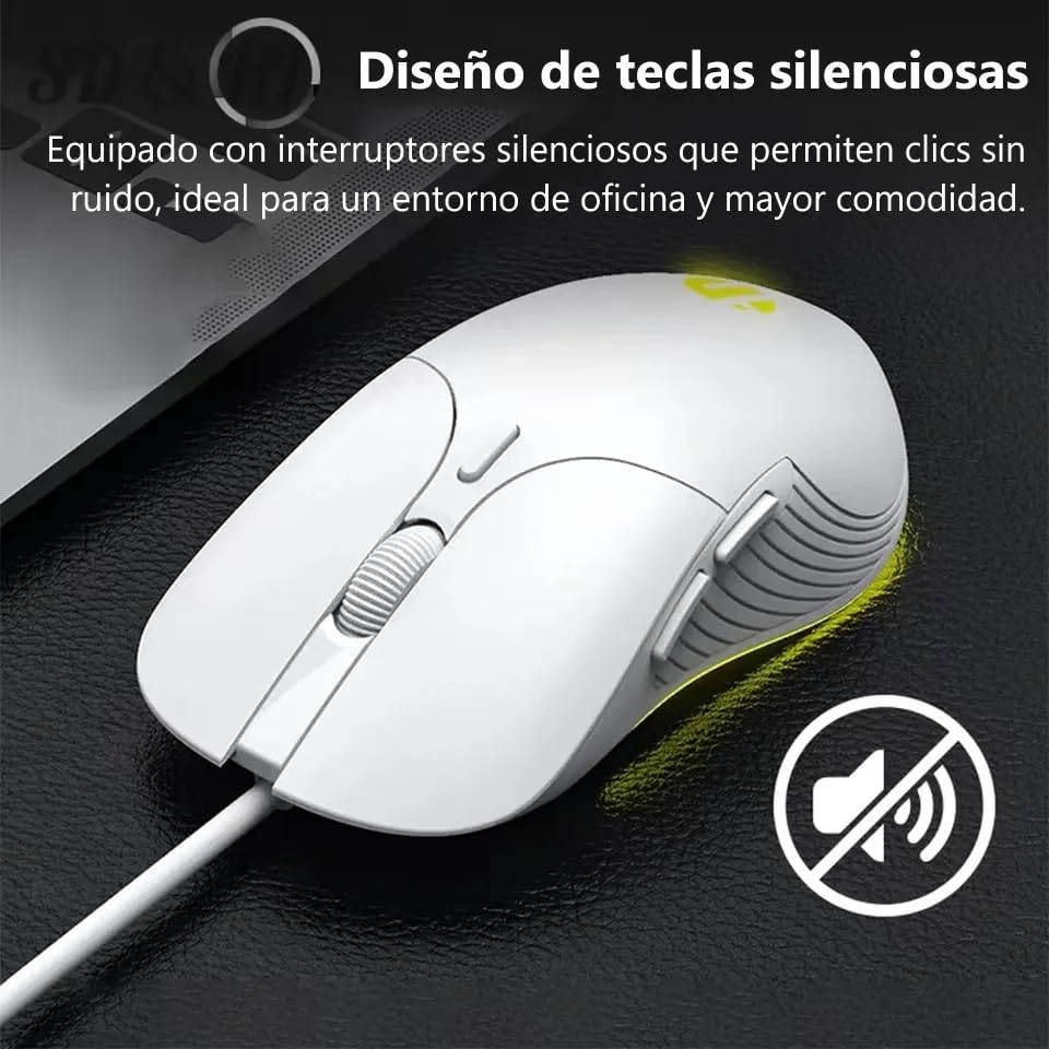 Mouse Gamer TECHWOLF Blanco USB RGB 4 Colores 6 Botones dpi Ajustable 7200 Clic Silencioso Diseño Ergonómico para Juegos y Oficina