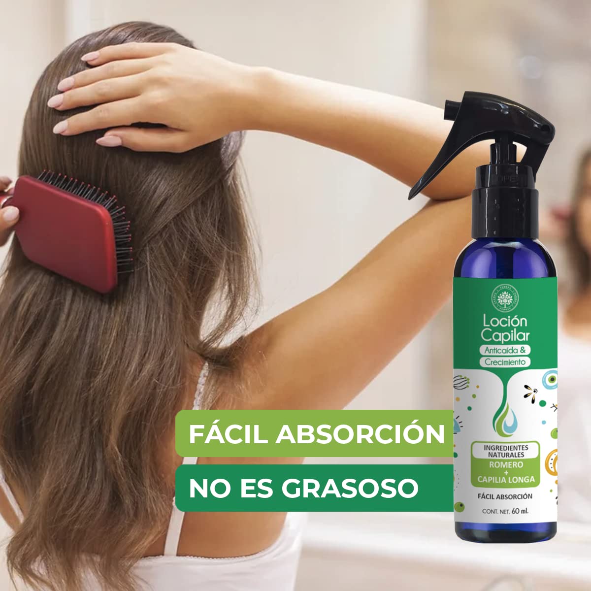 Loción Capilar Antícaída, Estimula el Crecimiento & Promueve la salud Capilar. Tónico con Aceites Esenciales de Romero, Lavanda y Tea Tree. 60 ml. Árbora…