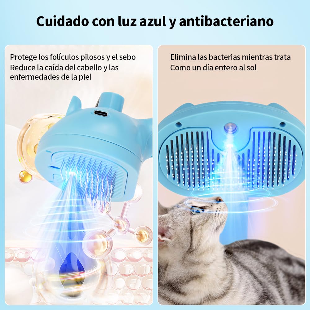 JESWO 2 en 1 Cepillo Eléctrico para Gato/Perro con Nano Vapor + Luz Azul Antibacteriana, Peine para Perro Auto Limpieza, para Depilación, Masaje y Peinado de Mascotas