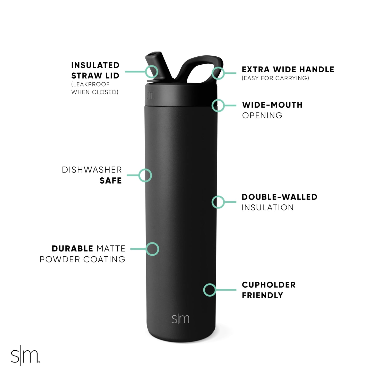 Botella de Agua Simple Modern Midnight Black Aislada de Acero Inoxidable con Tapa de Popote para Deportistas