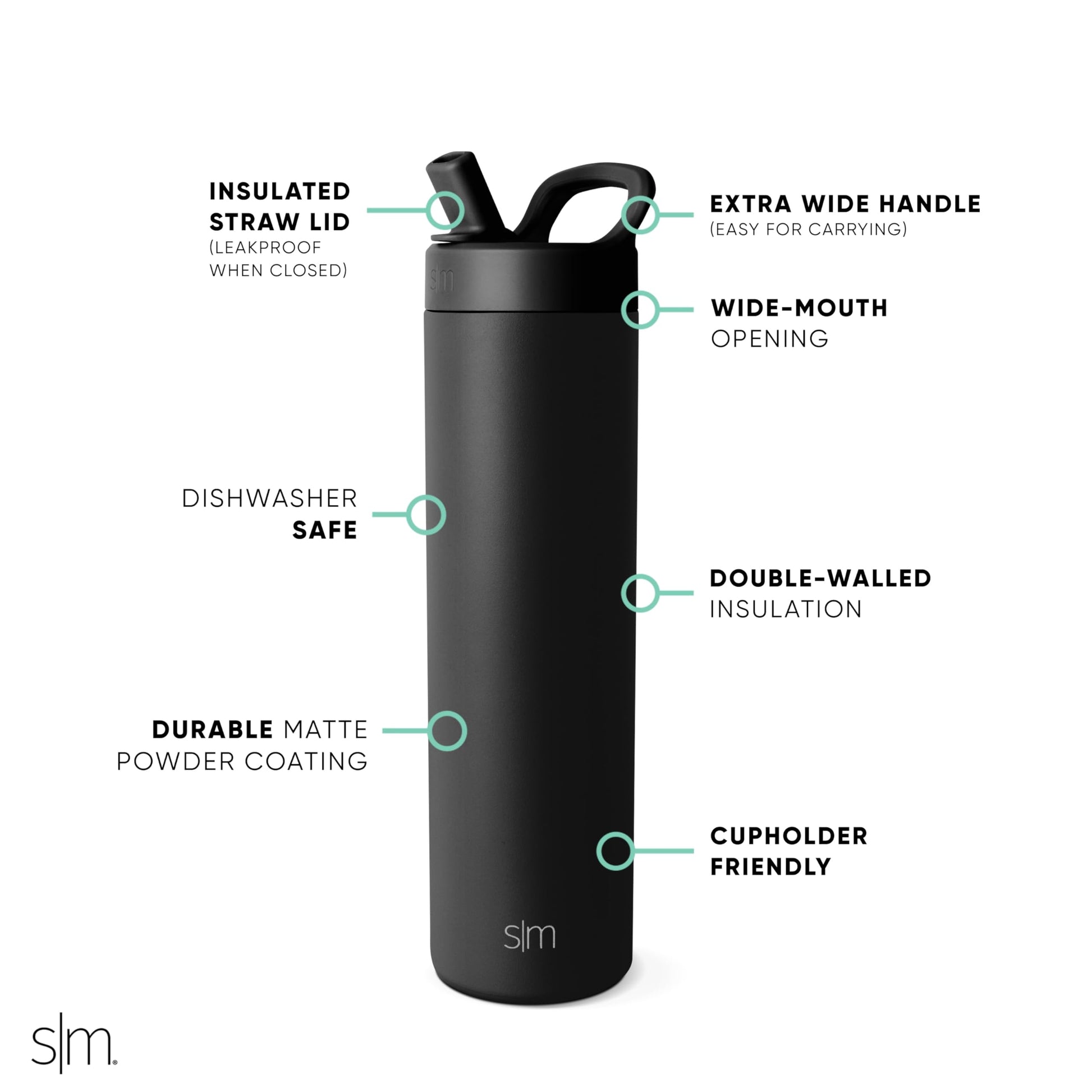 Botella de Agua Simple Modern Midnight Black Aislada de Acero Inoxidable con Tapa de Popote para Deportistas