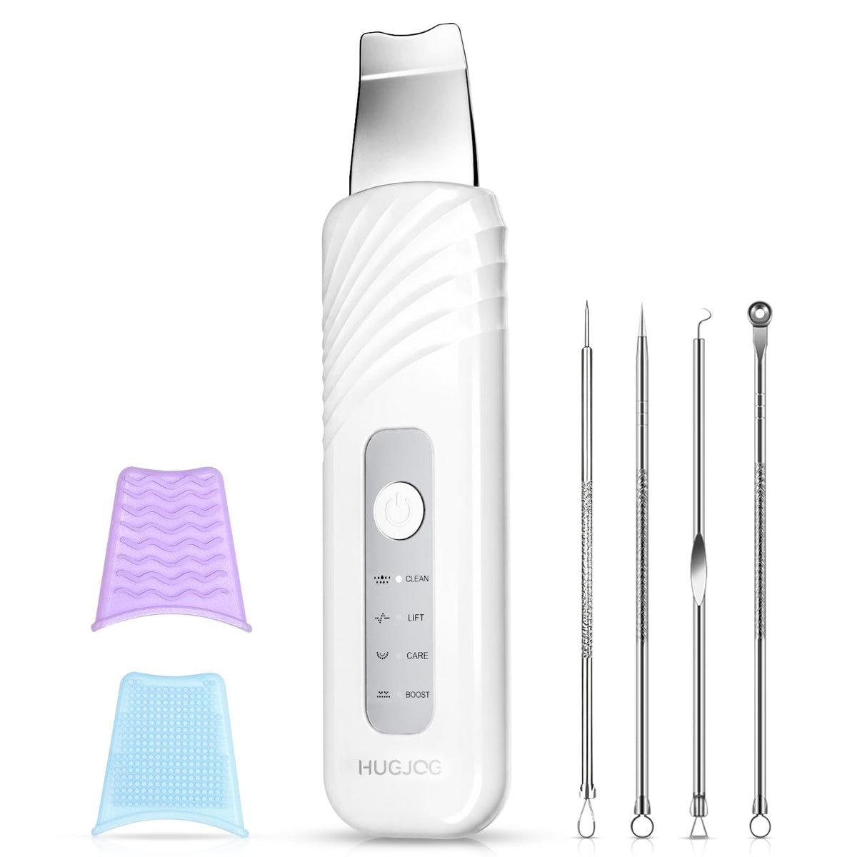 Herramientas para eliminar puntos negros, espátula para limpiar la cara Limpiador de poros de 4 modos con hoja de acero inoxidable 304, recargable tipo C, cepillo facial de silicona, 4 agujas, caja de