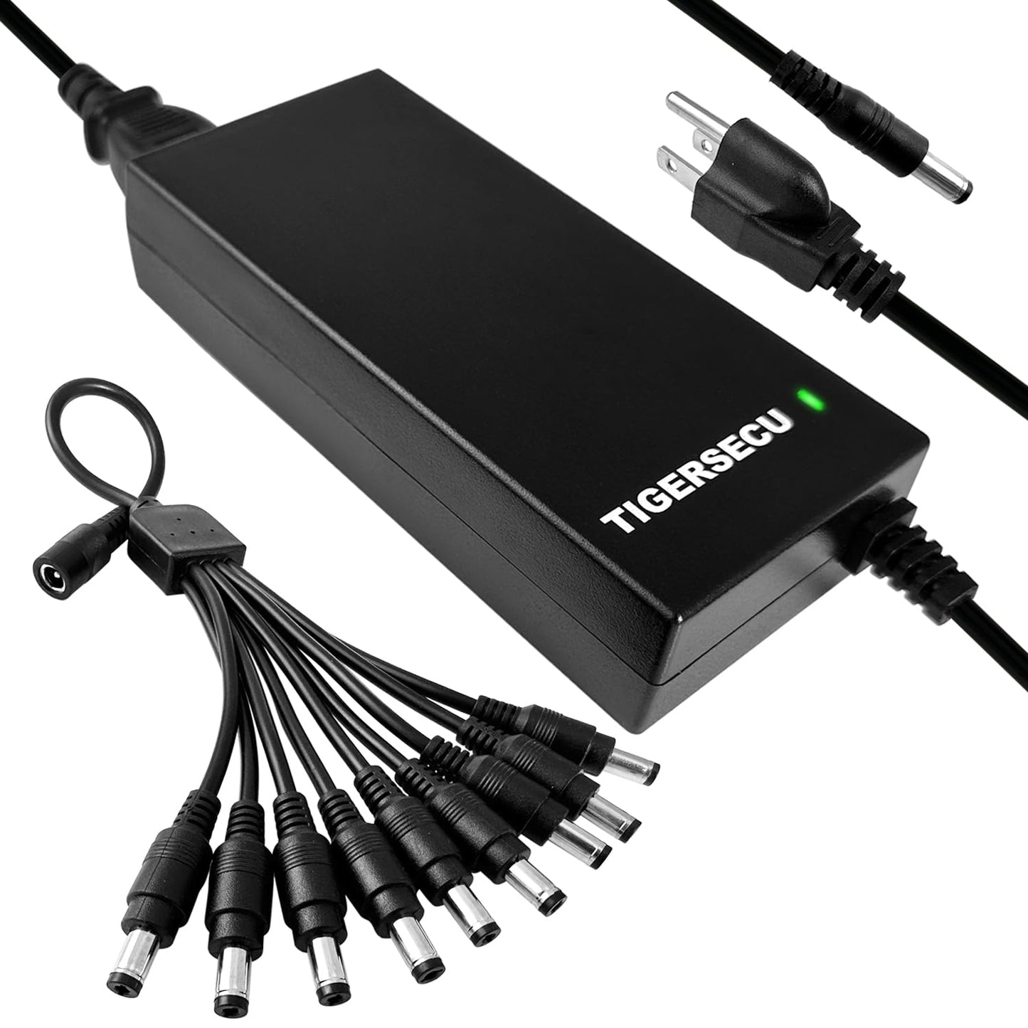 TIGERSECU Adaptador de Corriente para Cámara de Seguridad y DVR con Divisor de Corriente de 9 Vías, Fuente de Alimentación de 12V 8A 100V-240V 2.1x5.5mm, Compatible con DVR y Cámaras IP, BNC y PTZ